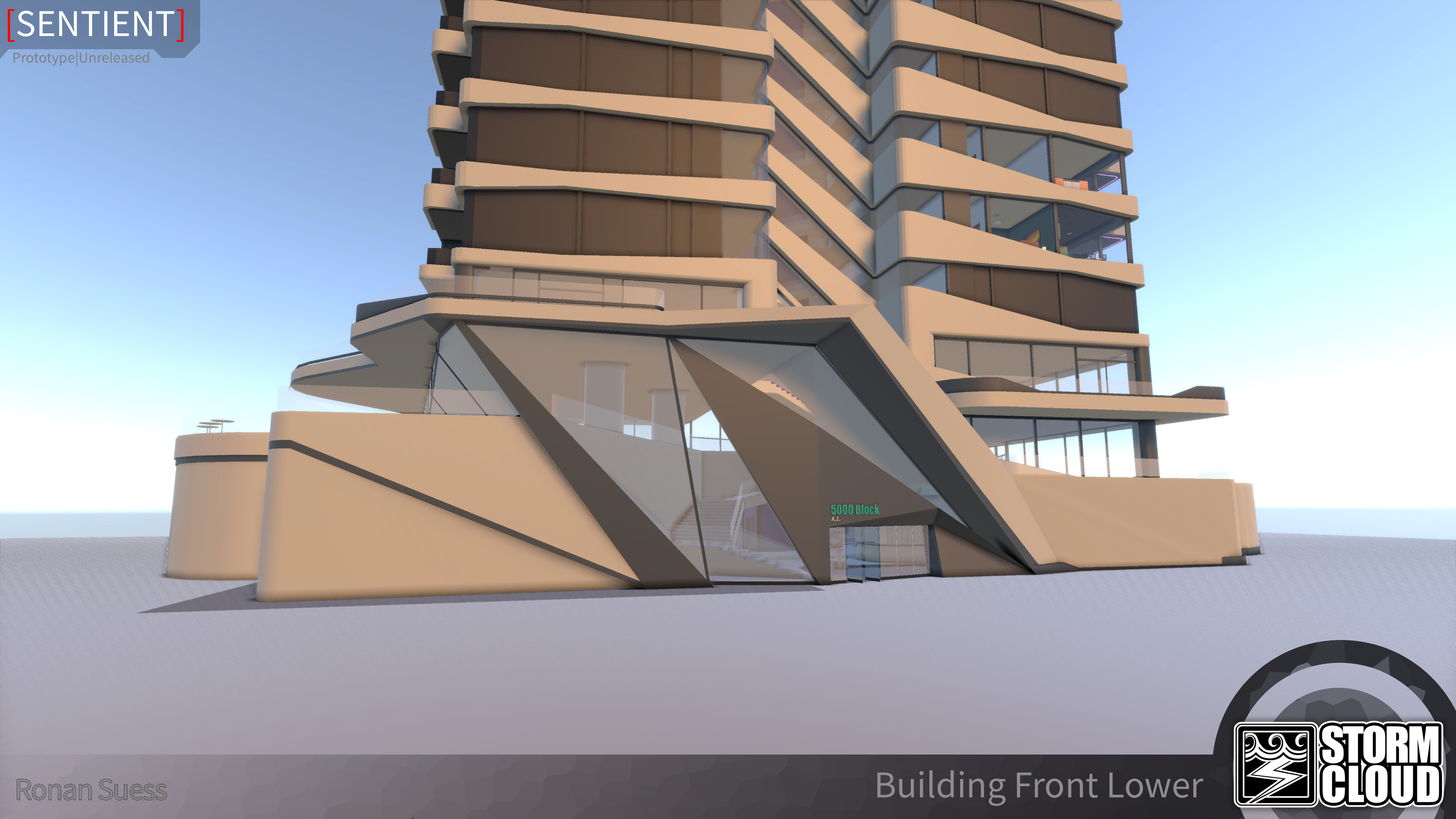 Building exterior, ground level entrance foyer.