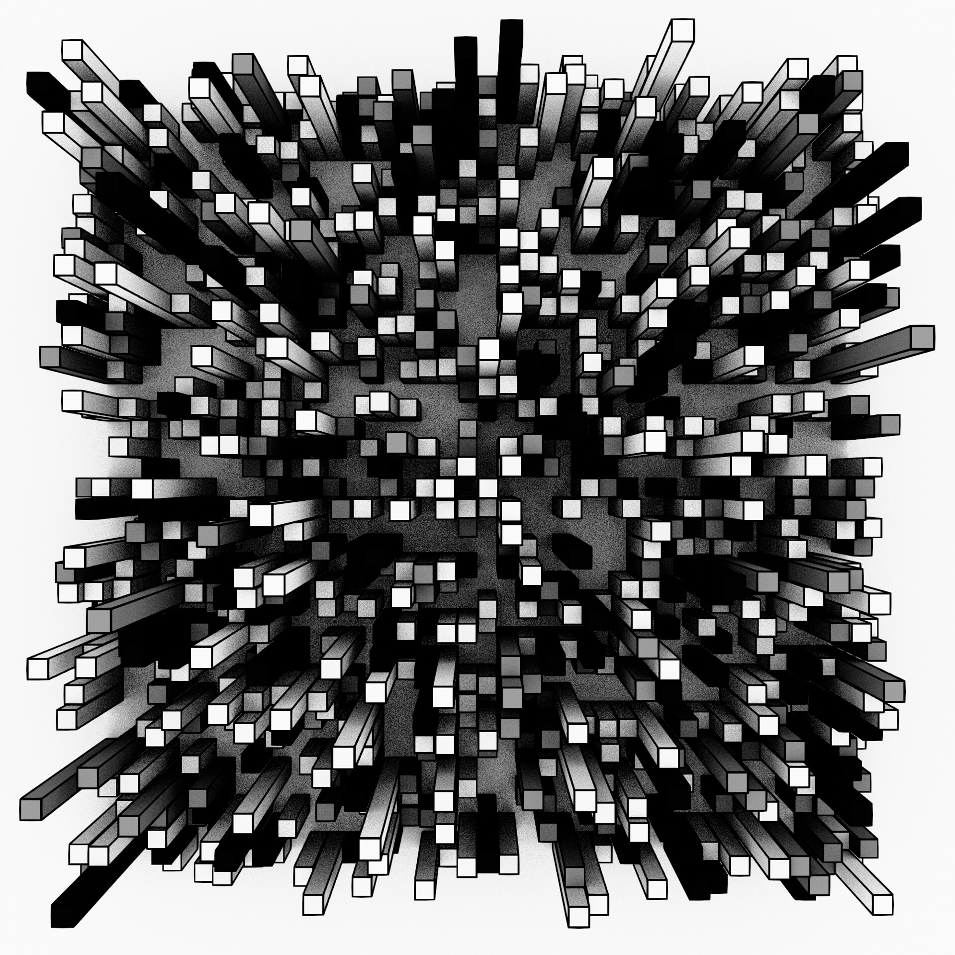 Dark structural forms colliding inside a monochrome void with charcoal textures