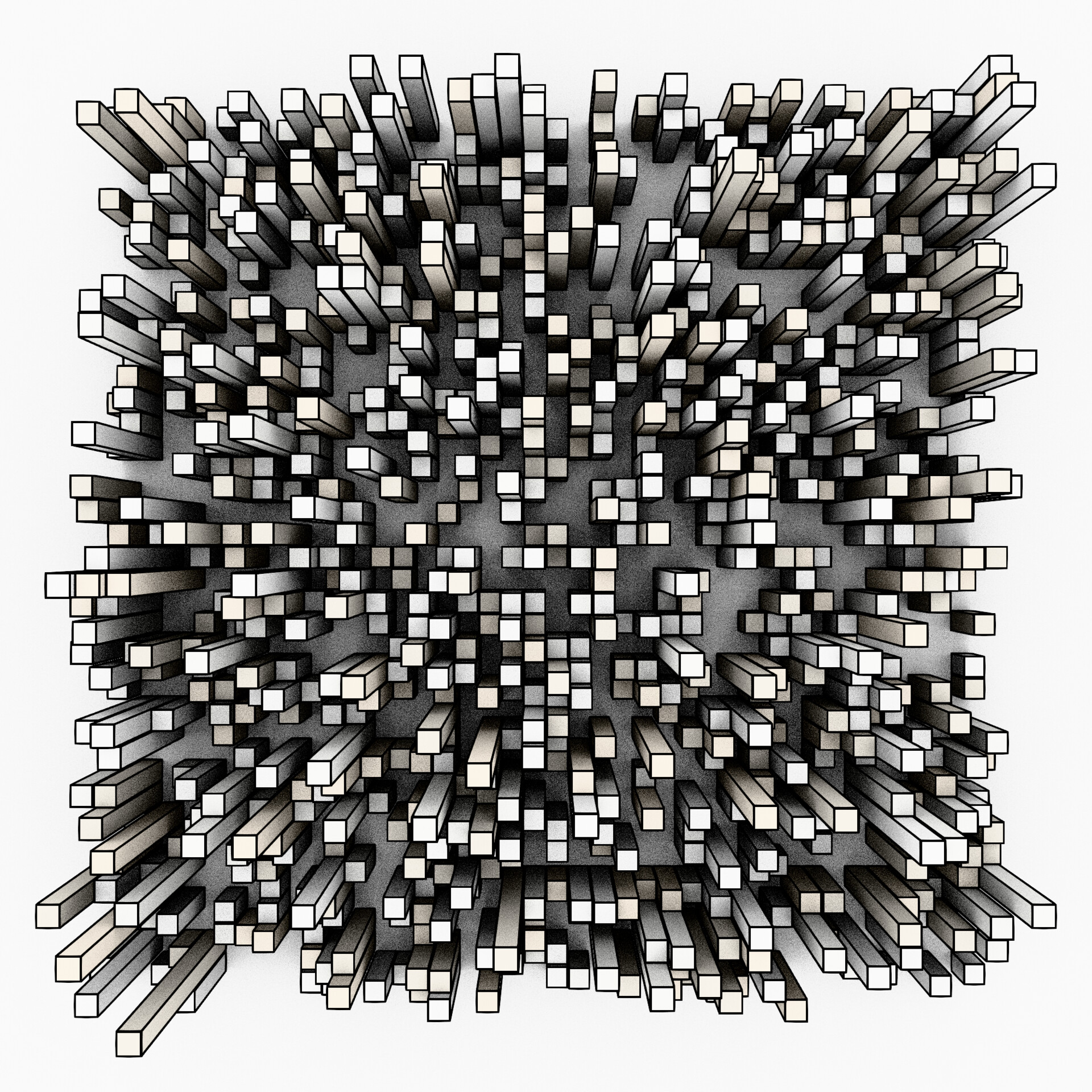 Softly lit white geometric formations dissolving into a dense digital fog