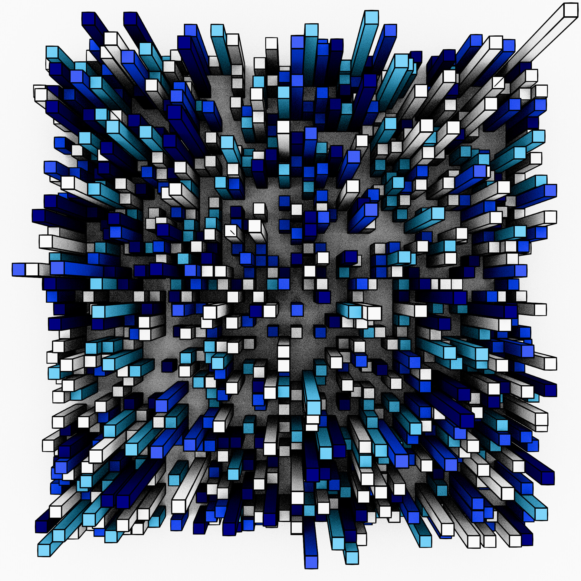 A deep geometric structure glowing in royal blue within a void-like digital space