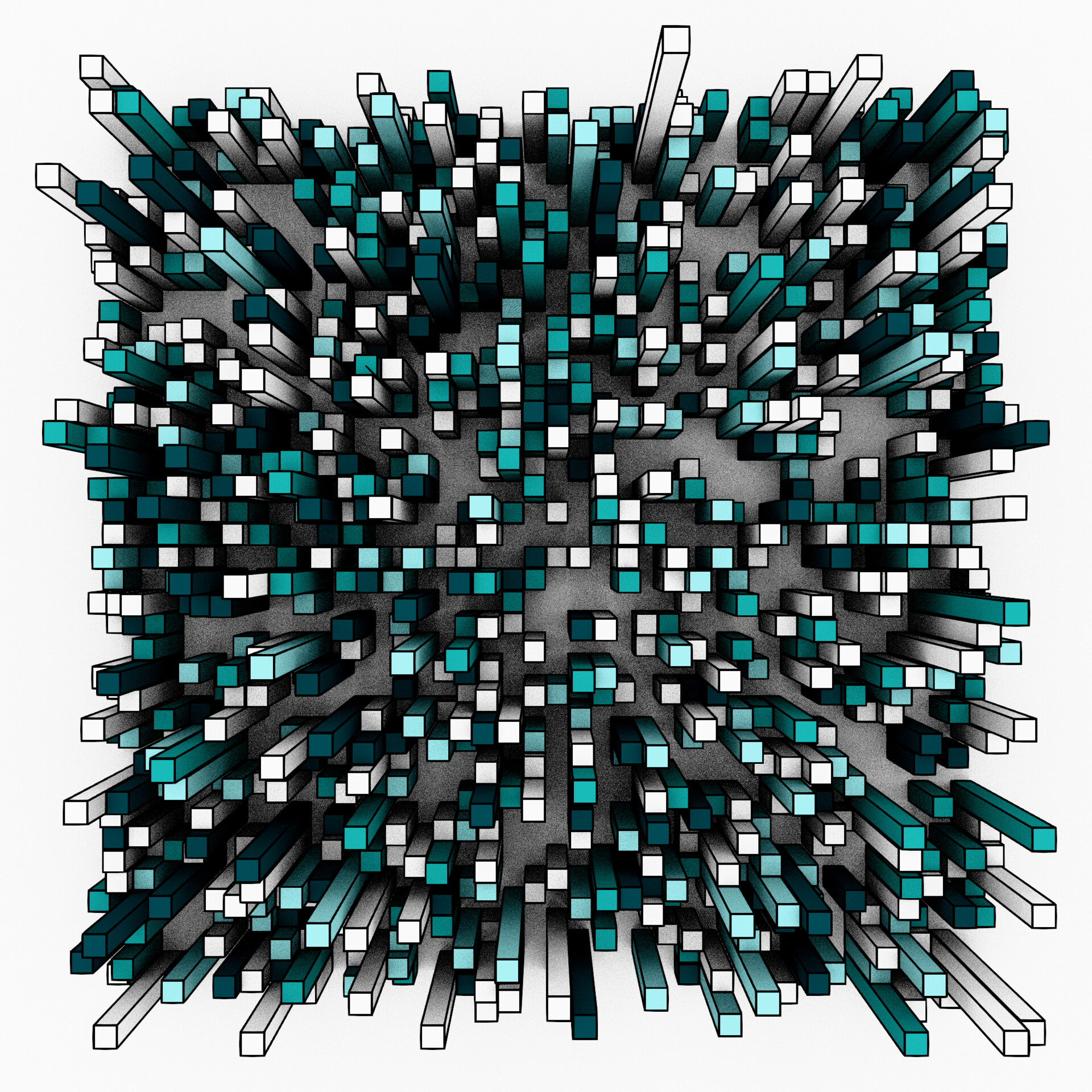 Cool teal structures floating in a dense digital mist with subtle geometric detail