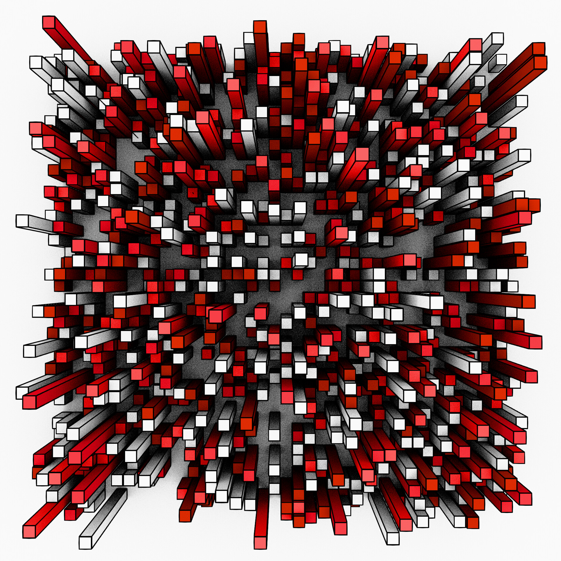 Geometric chaos glowing in deep red tones, suspended inside a collapsing void