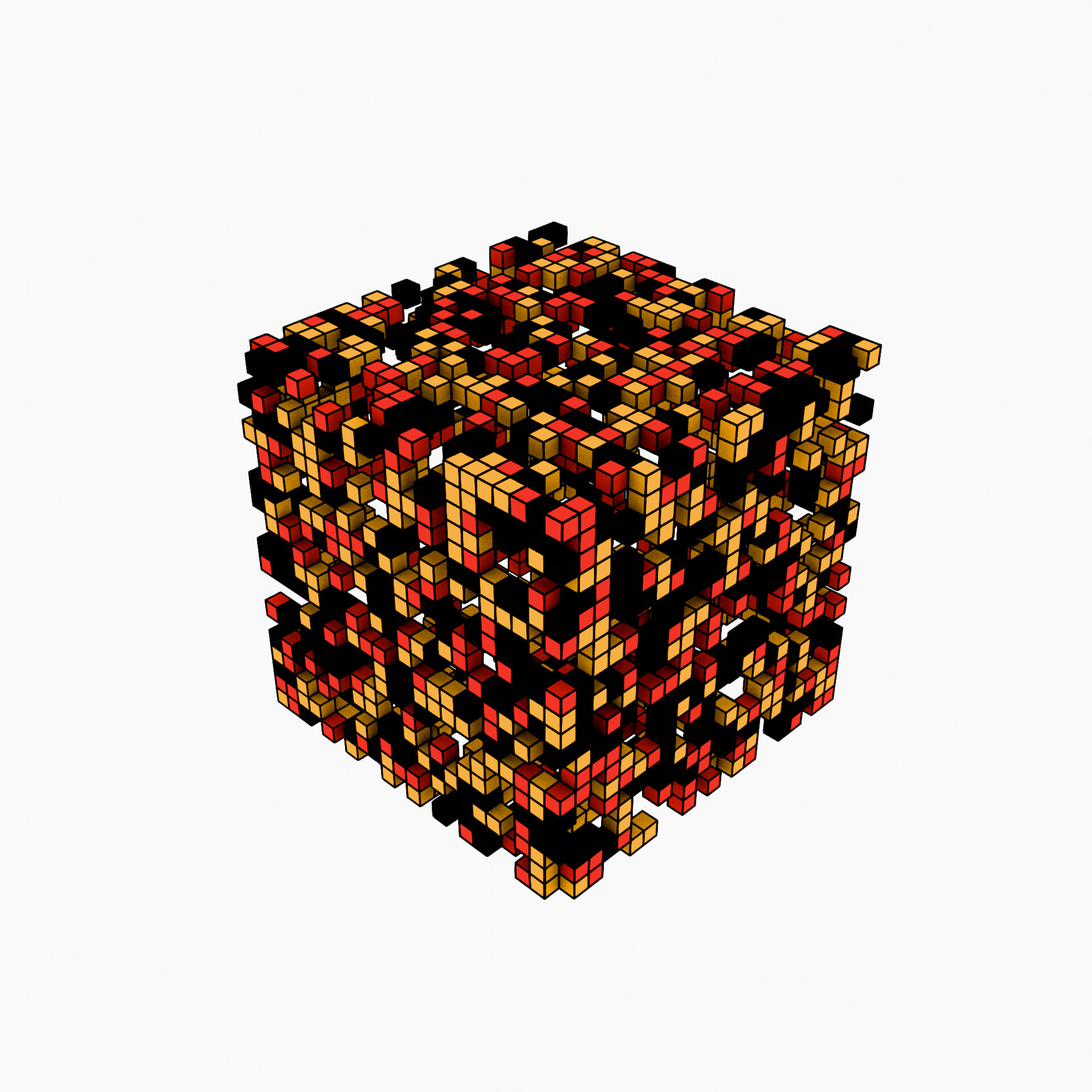 Molten orange and deep black cubes radiating heat-like light in a layered grid