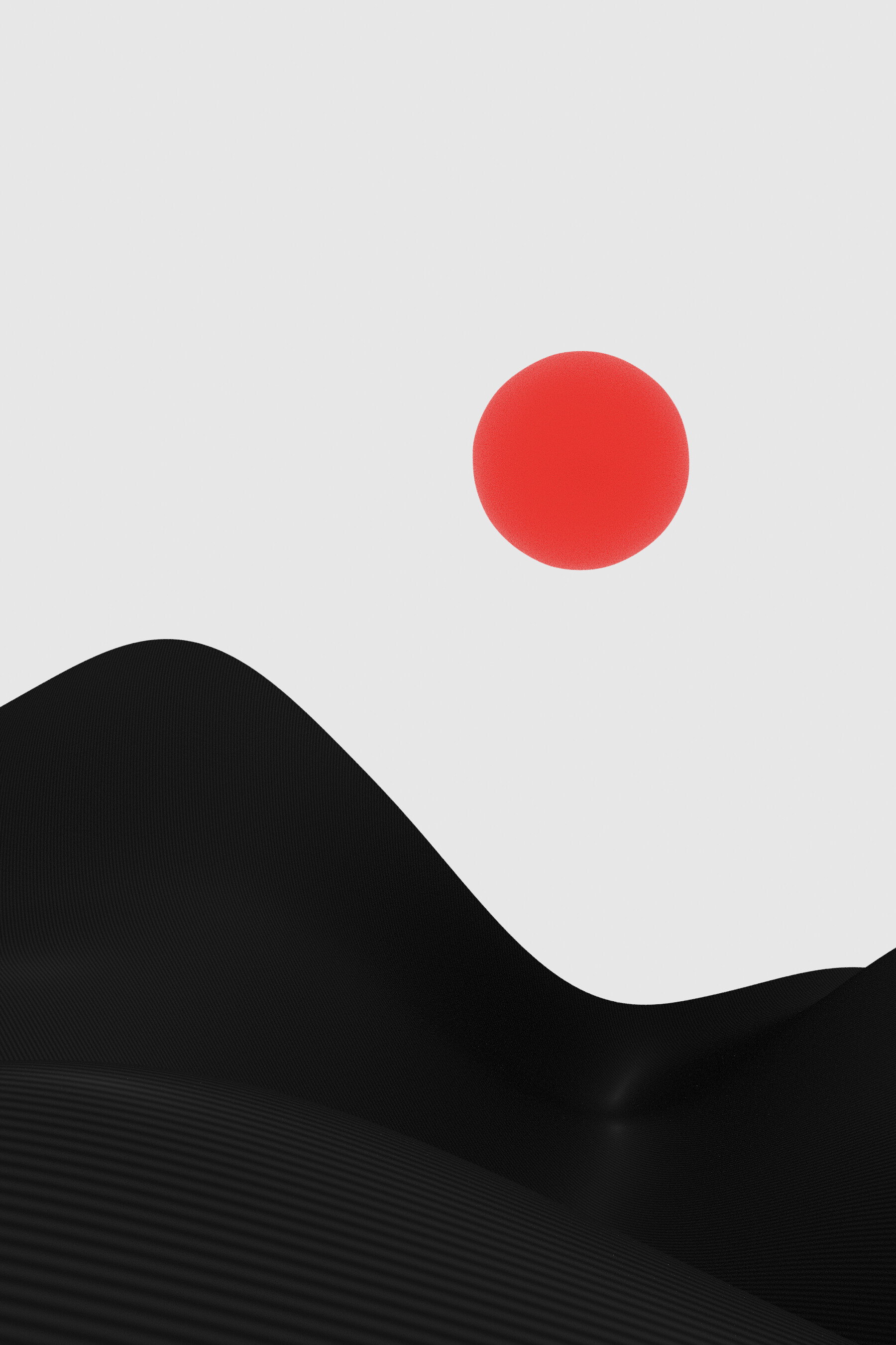 Minimal 3D desert abstraction with red sphere and ribbed dunes, artwork #6 from Desert of Shadows