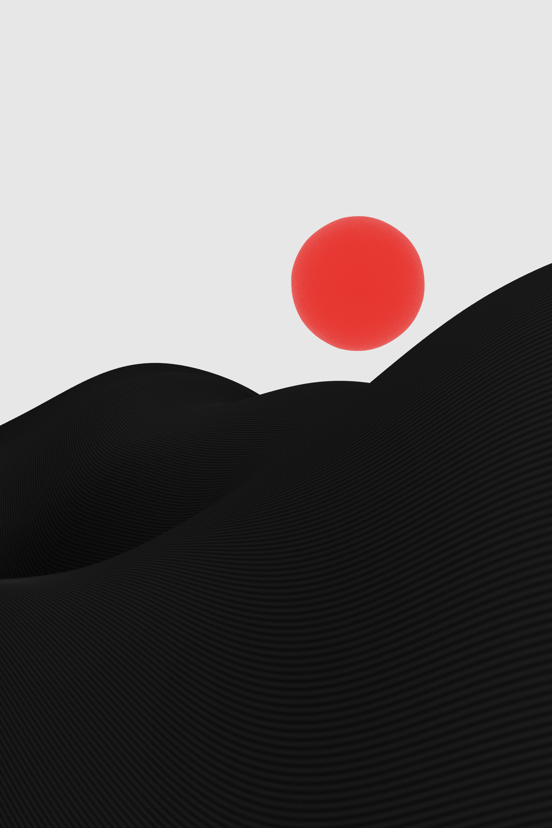 Minimal 3D desert abstraction with red sphere and ribbed dunes, artwork #9 from Desert of Shadows