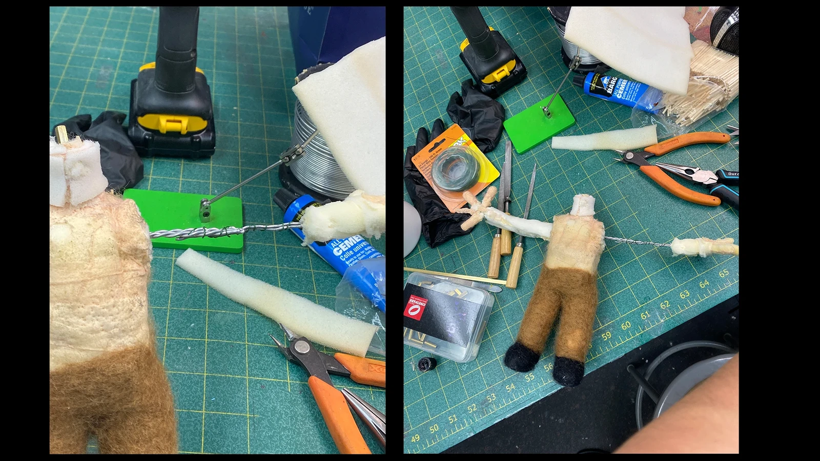 Troubleshooting, both arm wire armature are broken. So I broke up the epox joints, double size the arm armature and design the armature into two sections. Firstly, this reduces the load on the shoulders, and secondly, the connection becomes bones.