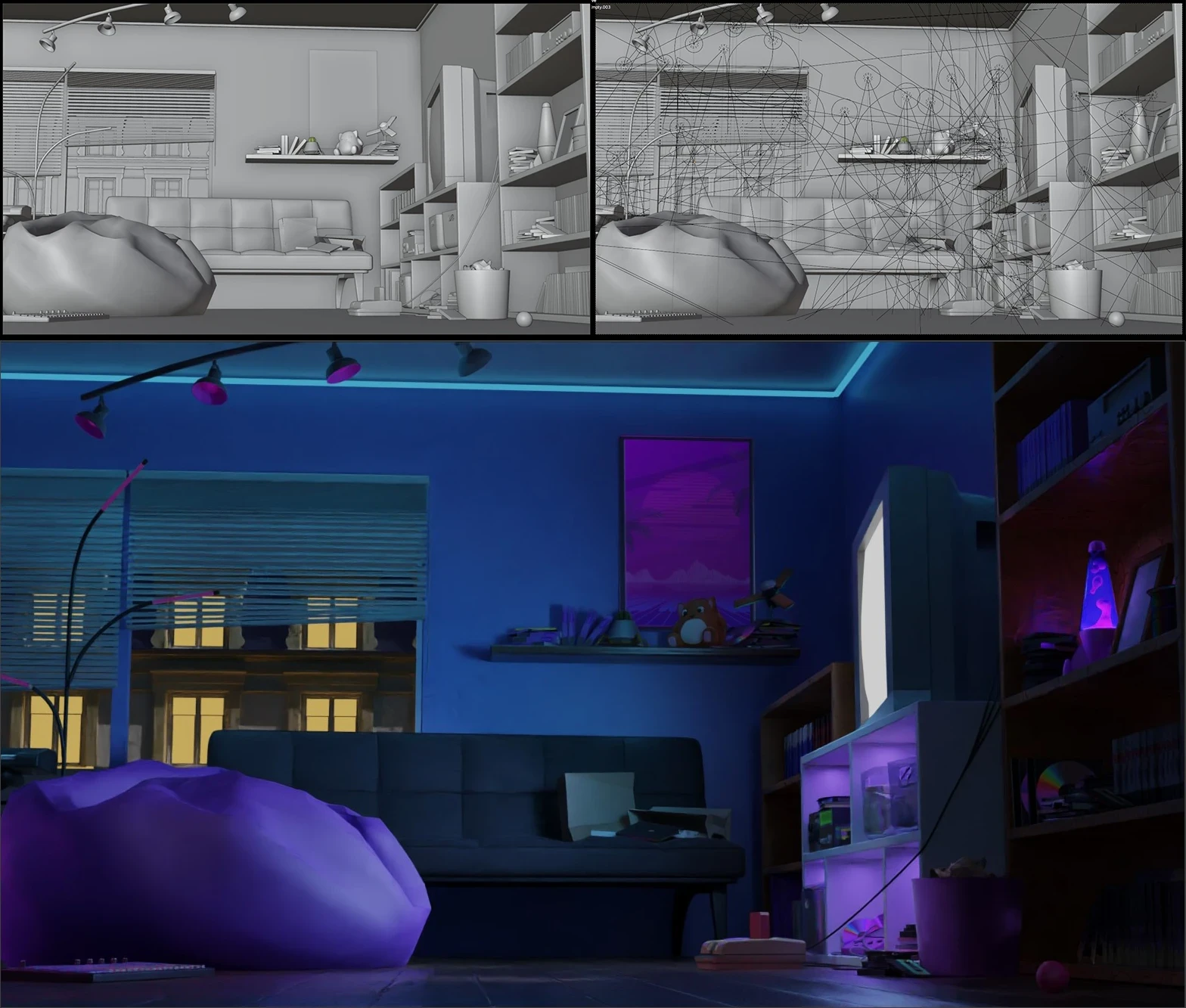 The style was very specific on where light happened and required a lot of highlights on edges and tons of iterations. In the end a total of 110 lights and various shadow catchers and bounce panels were used to get the look.