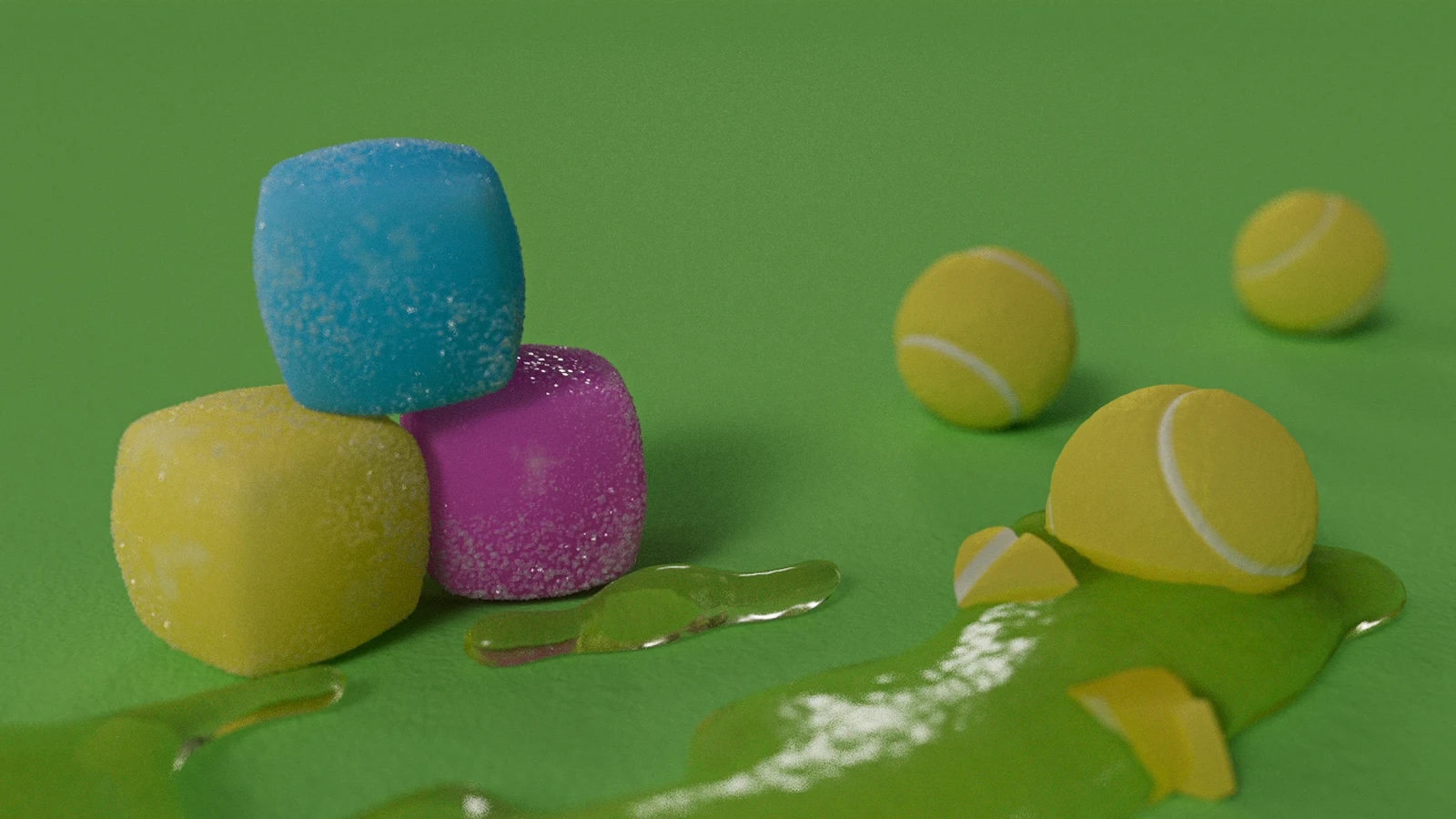 Redshift shaders. Scattered sugar and displacement doing most of the work here. Tennisball geometry provided by INDG.