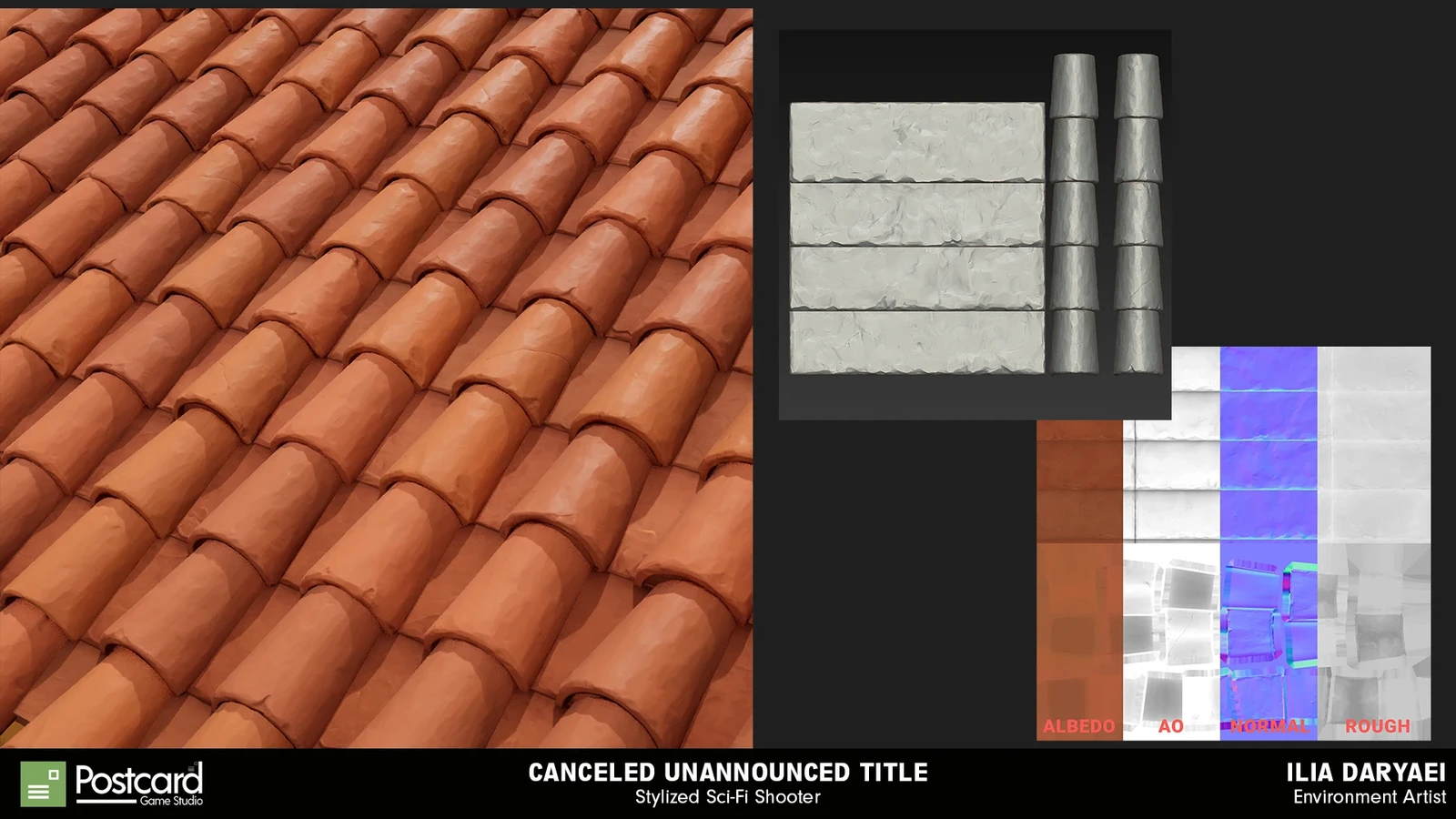 Shingles material and hybrid trim, initially sculpted in Zbrush and then textured in Substance Designer