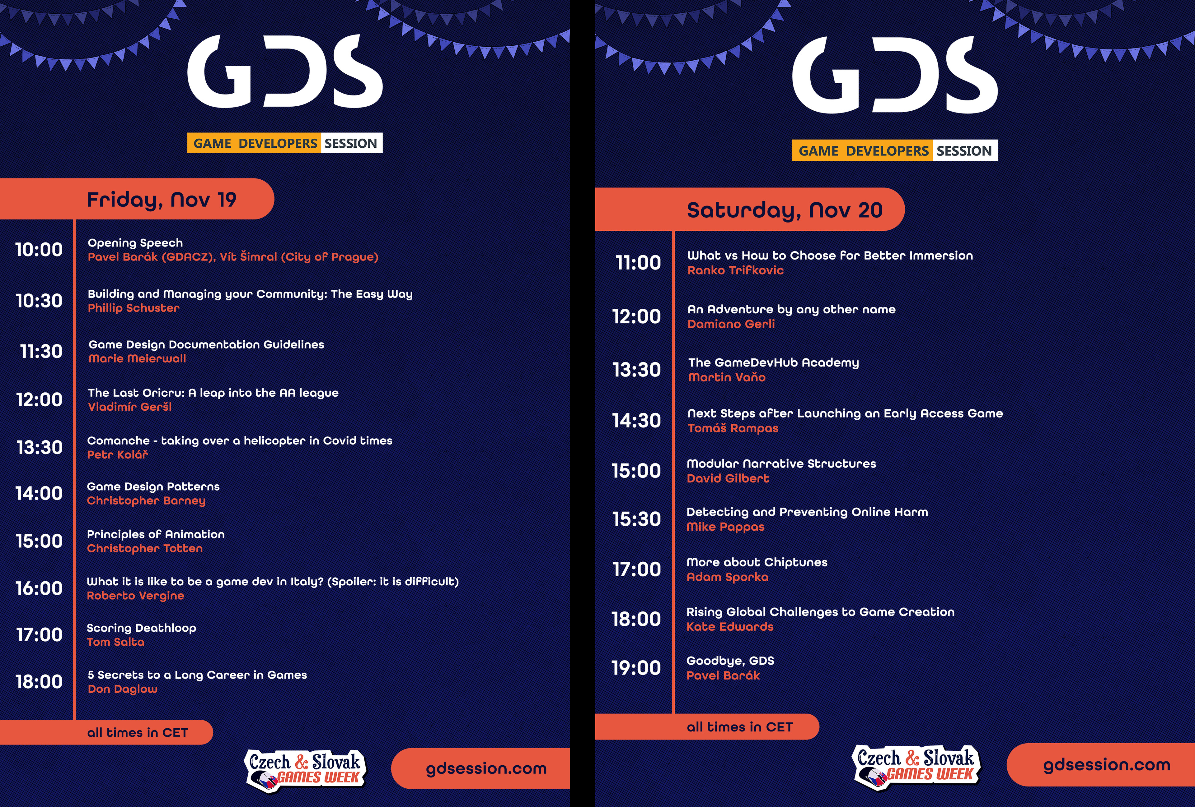 Graphics created for the 2021 Prague Game Developers Session using the same colors to accompany the Games Week event