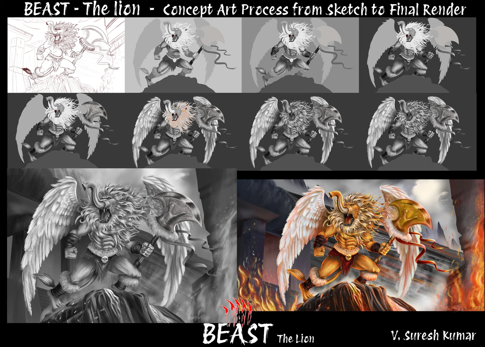BEAST - The lion  -  Concept Art Process from Sketch to Final Render