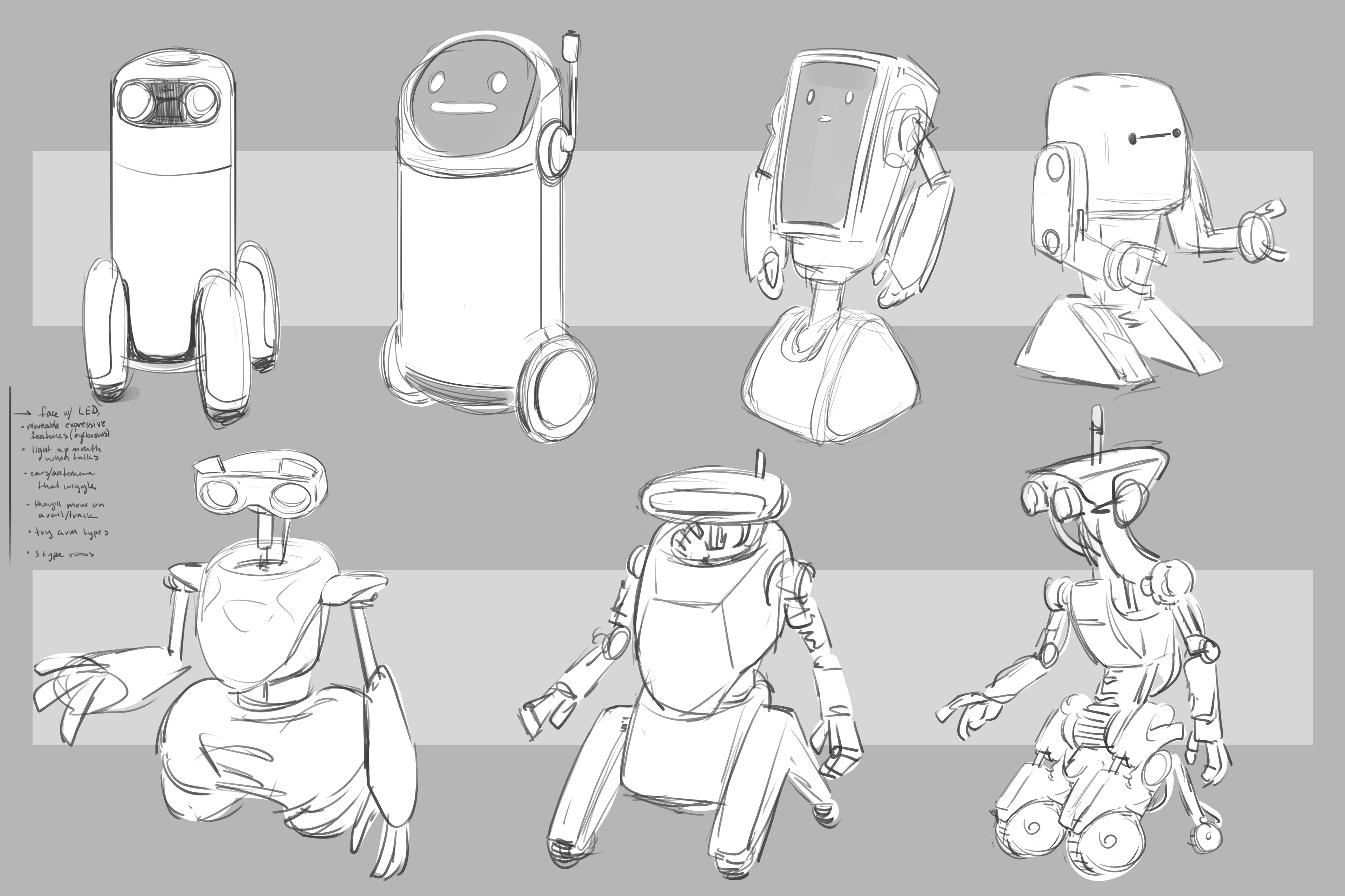 Page one of possible Robot Guide designs that would later be built.