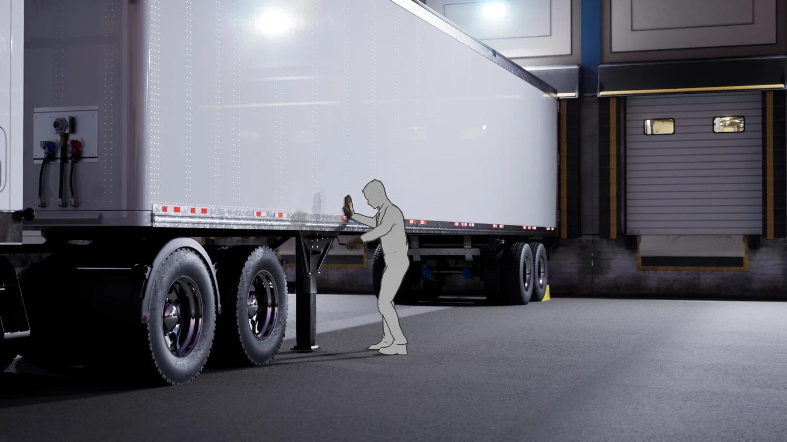 A character working with truck landing gear, I worked on layout and textures. This also showcases my night lighting tools, including the dock lights coming on automatically when the sun goes down