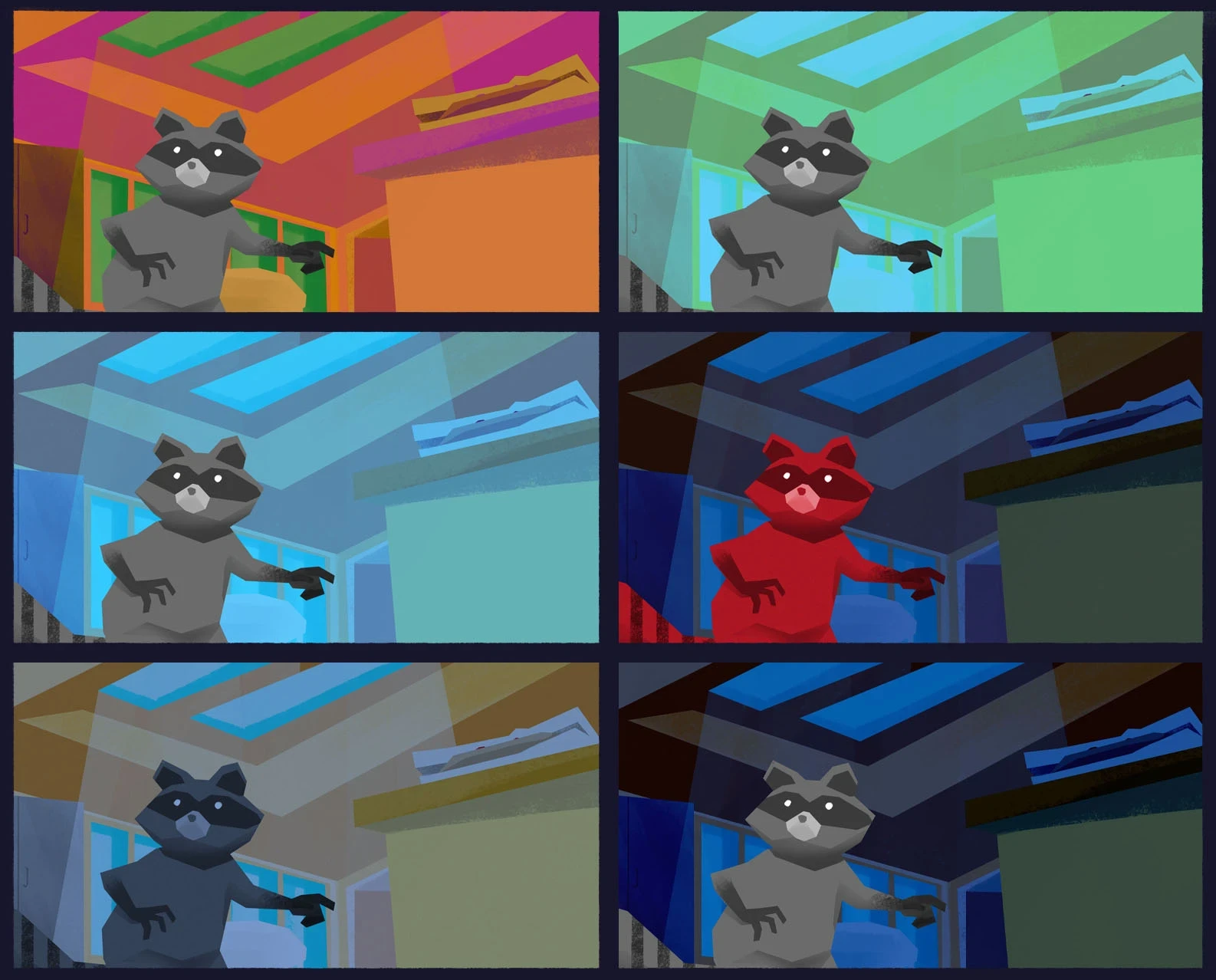 Color testing the overall mood and vibe of Trash Heist in game coloring.
