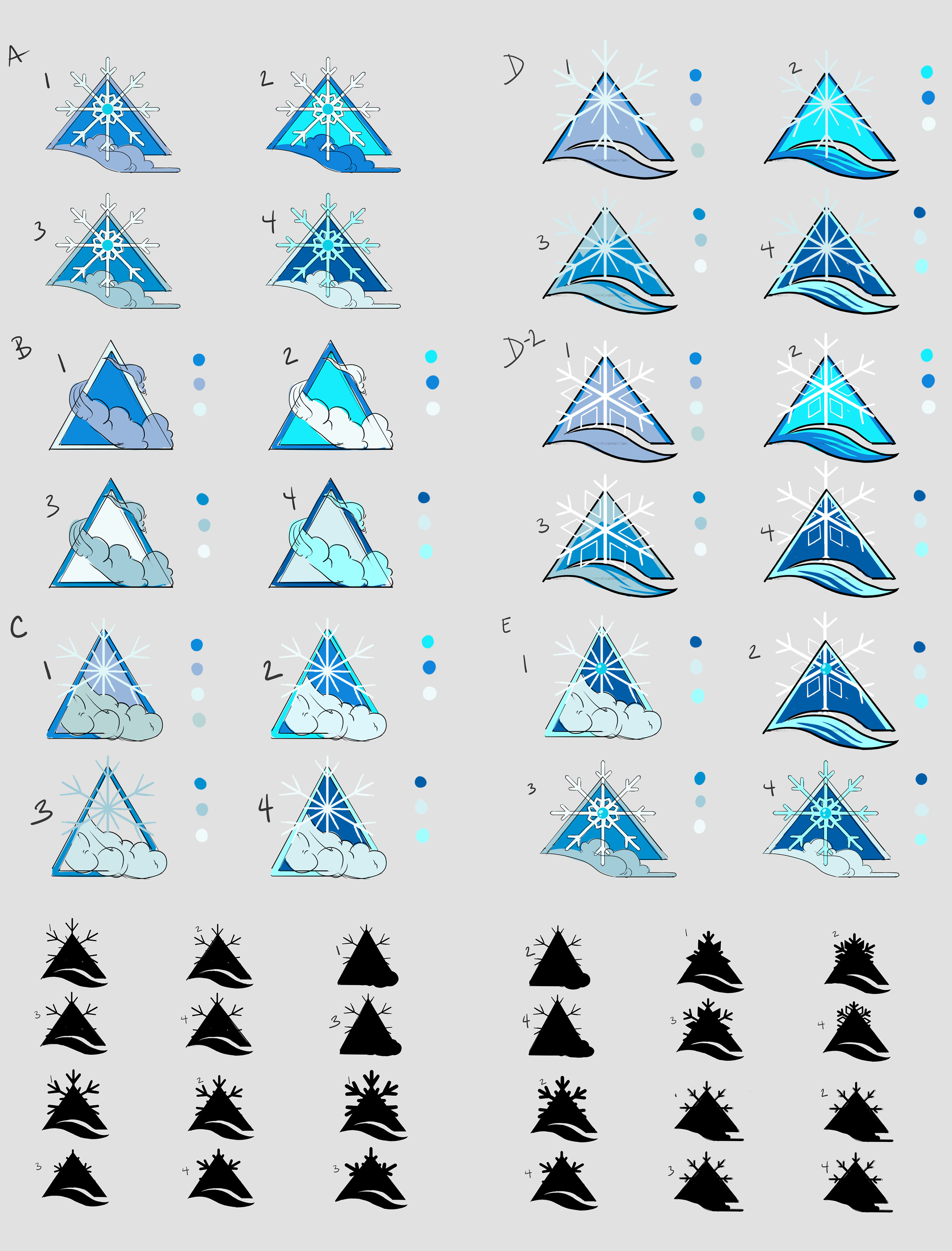 Exploring color palettes and shape language, using silhouettes to identify the strongest and most simplified designs.