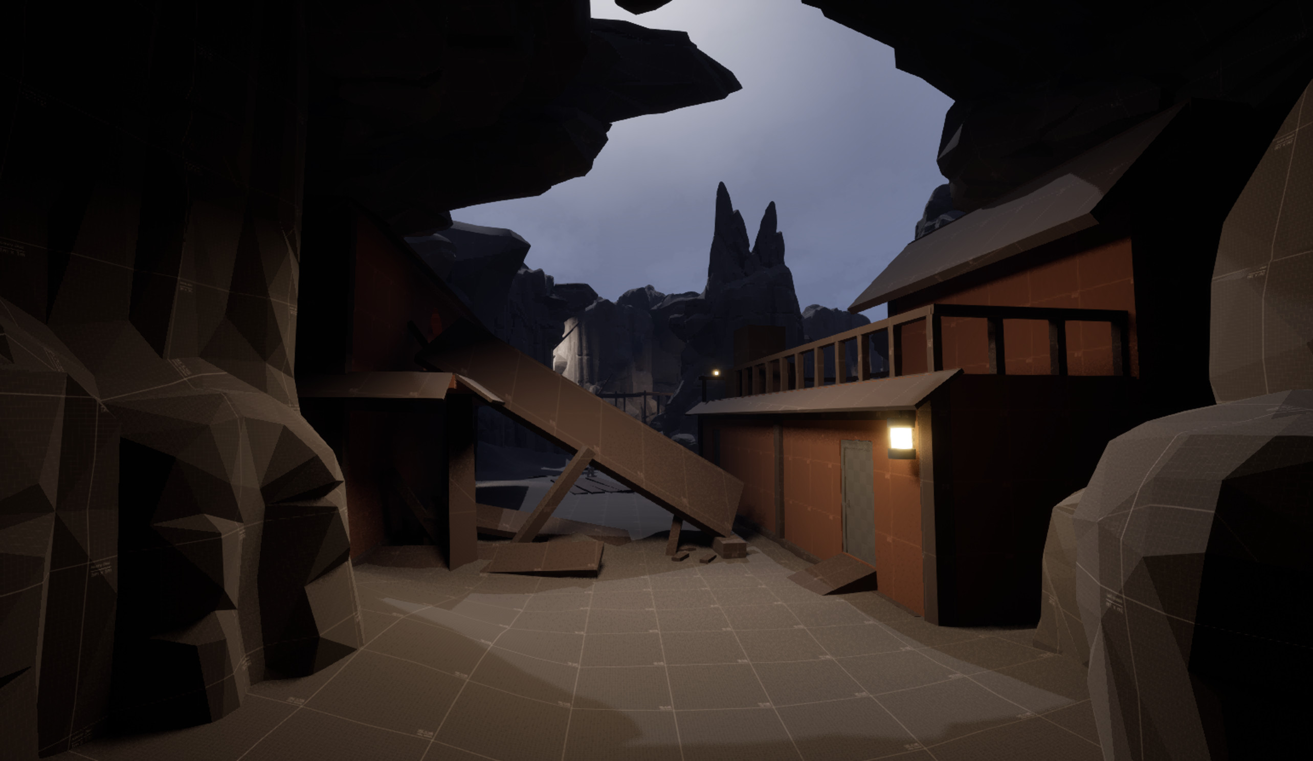 Town Entry. Denied affordance with collapsed building rubble.