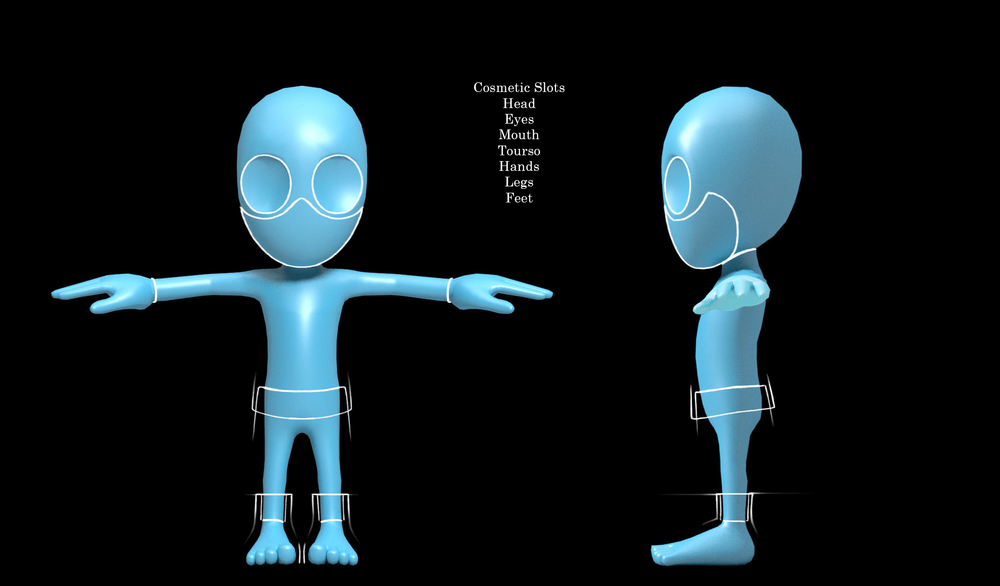 After deciding on the cosmetic slots, I established how the slots would work together. Mainly at the waist and ankles to keep a wide variety of jackets, pants, and shoe options. I also worked to find a playful, readable and simple style guide. 