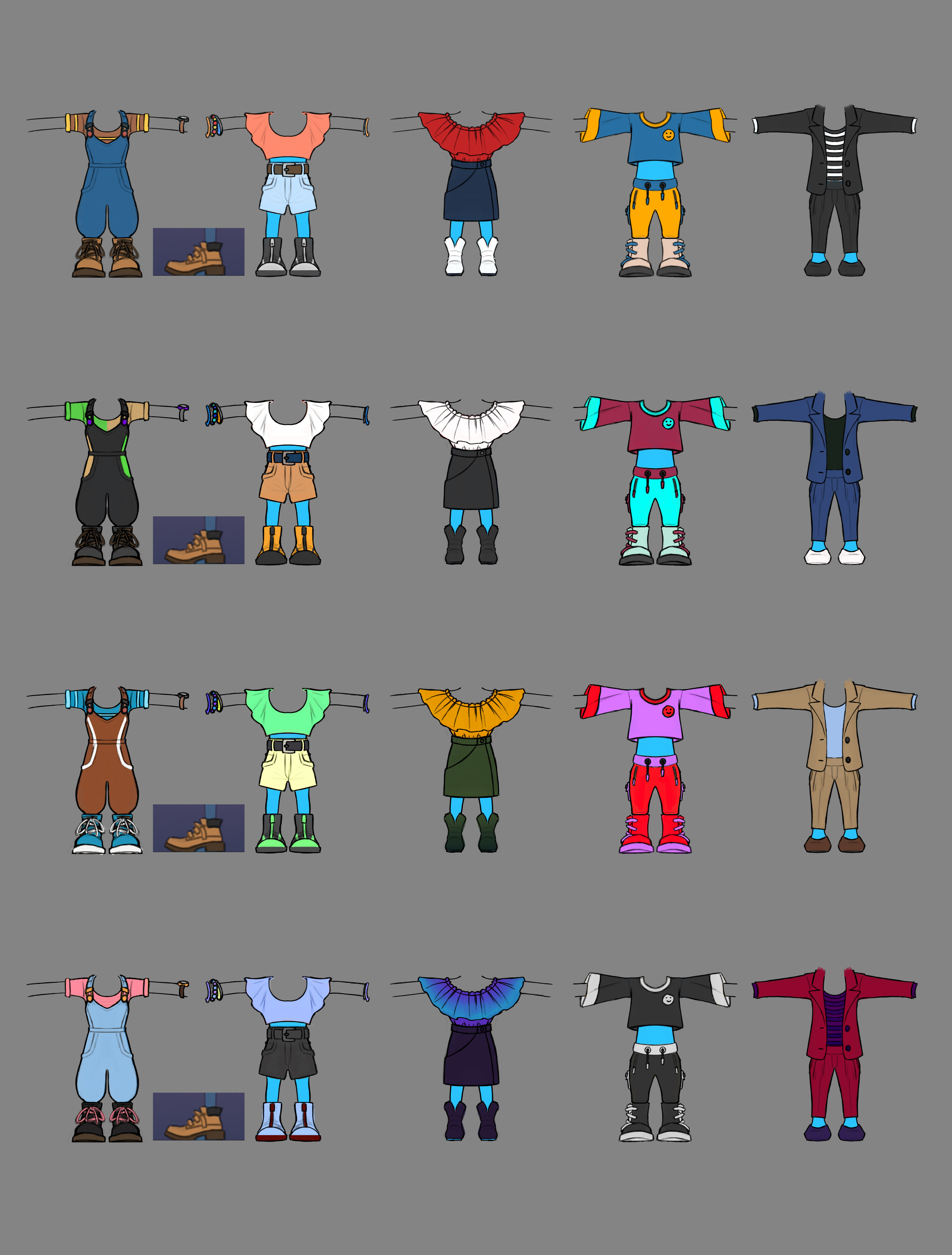 Concepts done for a variety of outfits that are common items people wear, while still keeping the game's fun flare intact. 