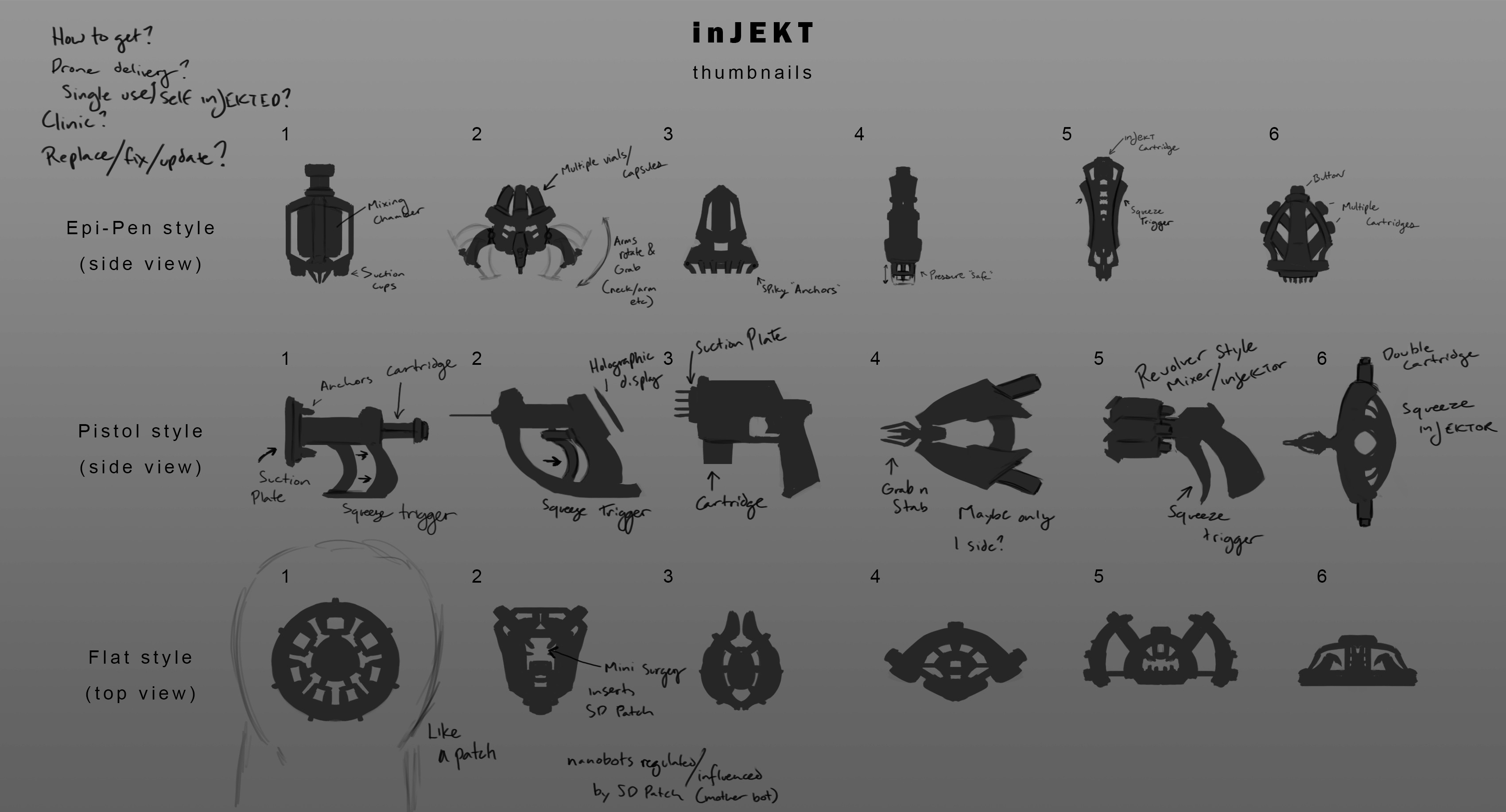 Silhouette exploration. Drug delivery method brainstorming notes. 