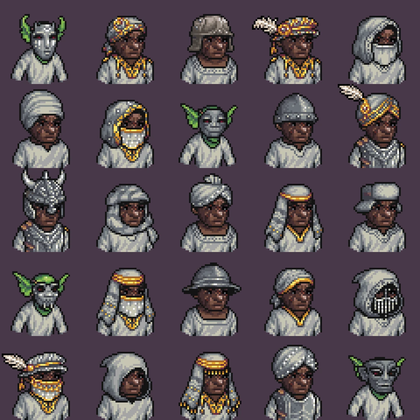 A selection of procedural dwarf and goblin portraits I made for Dwarf Fortress. Each portrait was composed of multiple layers for the nose, eyes, mouth, ears, scars, etc. as well as clothing items like shirts, armor, and masks.