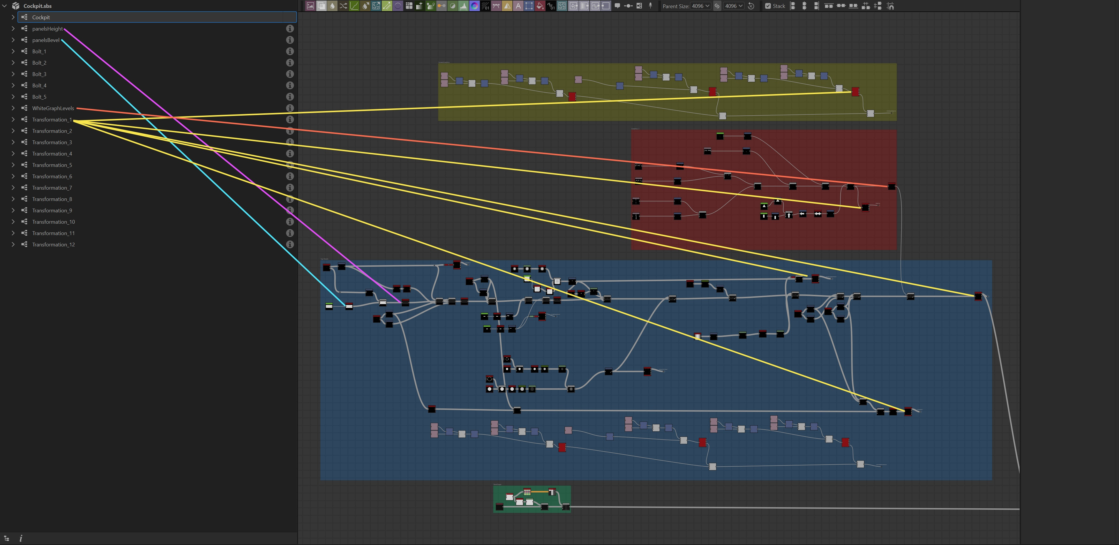 Similar to programming languages, I find abstraction to be one of the most important parts of Substance Designer. It allowed me to reuse most of my nodes and keep all the panels consistent make radical changes near the end.