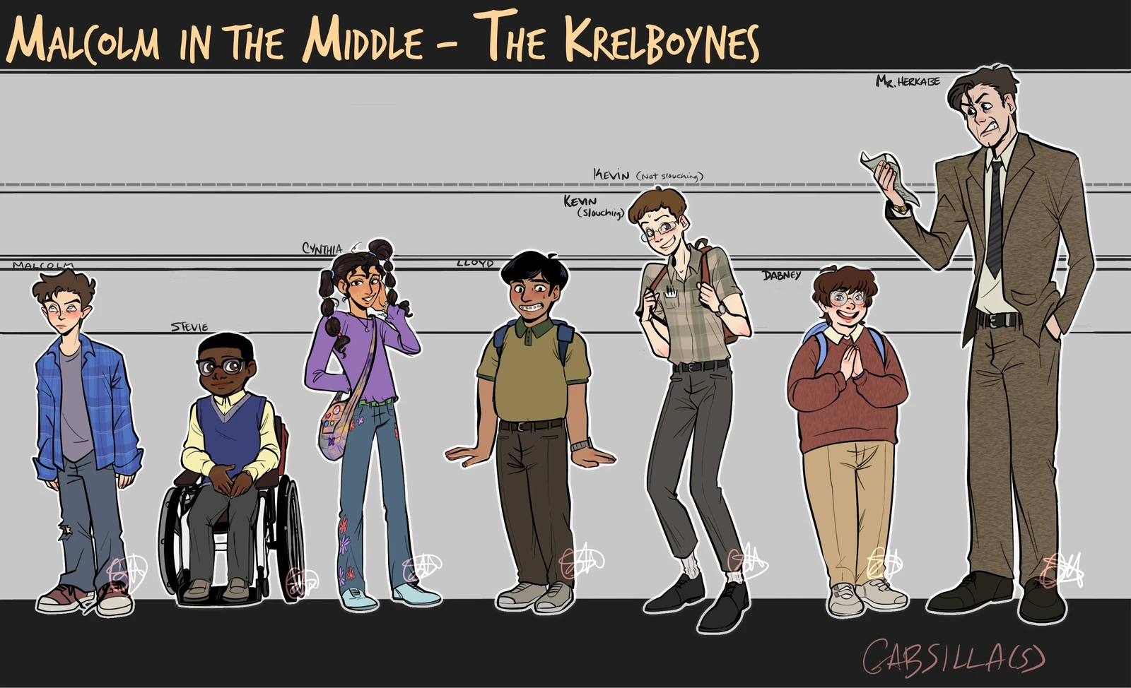 The Krelboynes from left to right: Malcolm, Stevie, Cynthia, Lloyd, Kevin, Dabney, and Mr. Herkabe