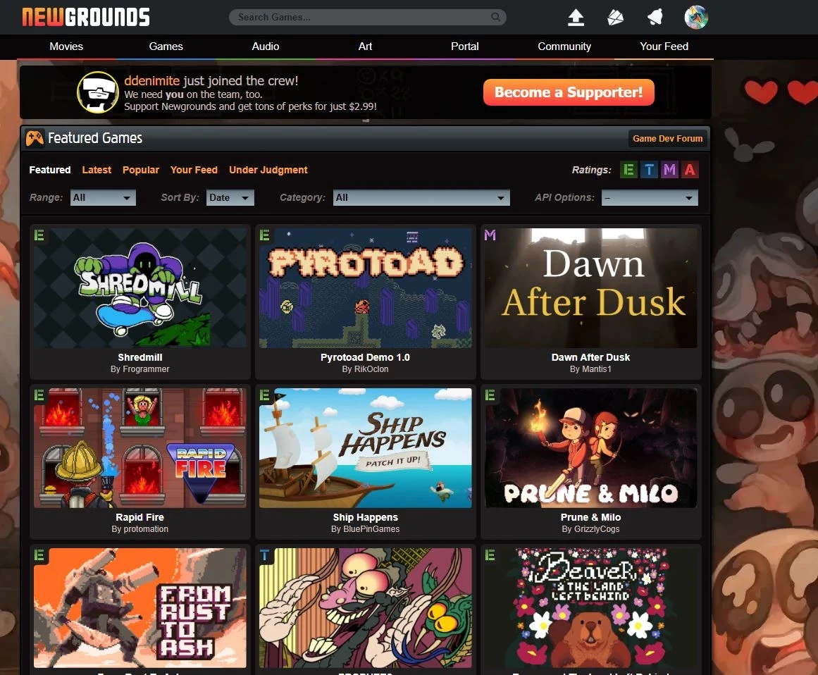 The Pyrotoad demo was featured on the front page of Newgrounds! 