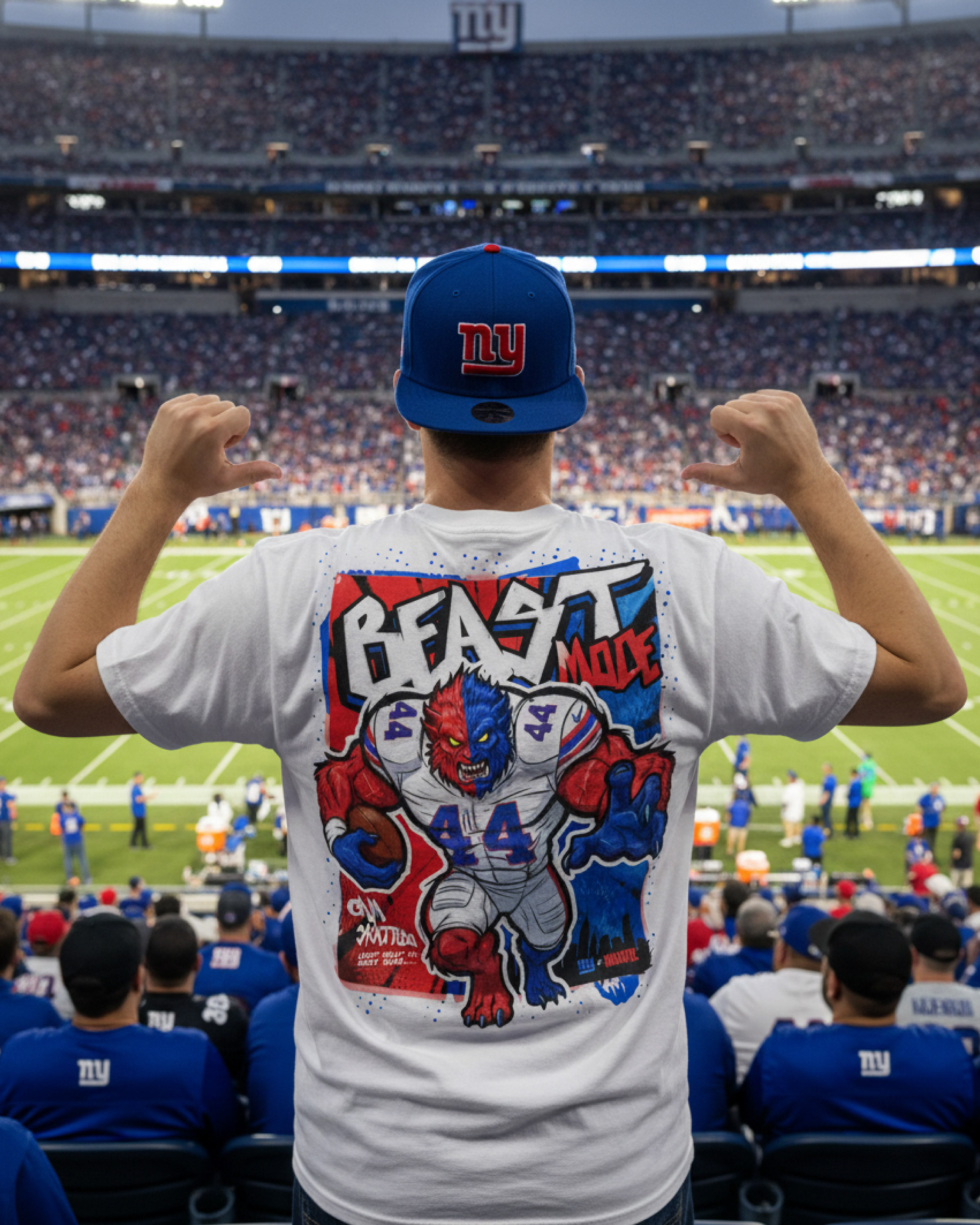 Fan apparel mockup featuring the Beast Mode illustration during NFL gameday