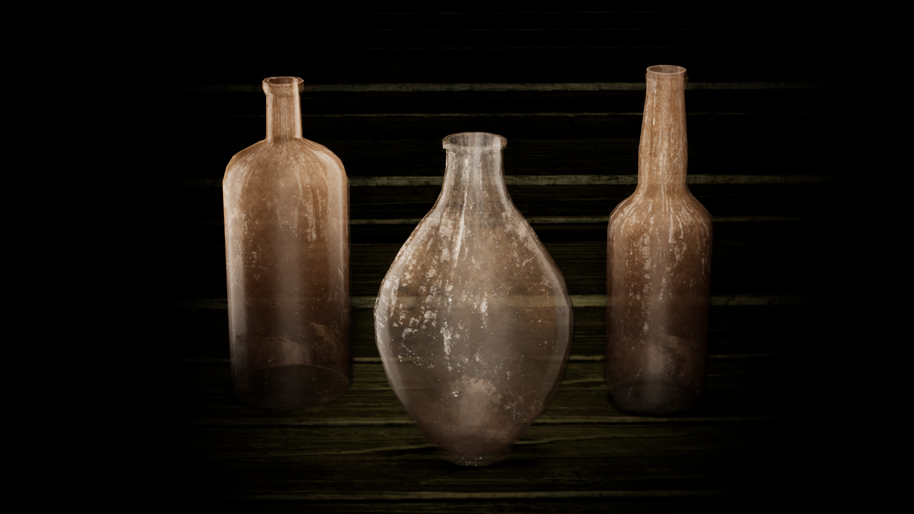Bottles made for the scene
Background planks made by Joe Bates