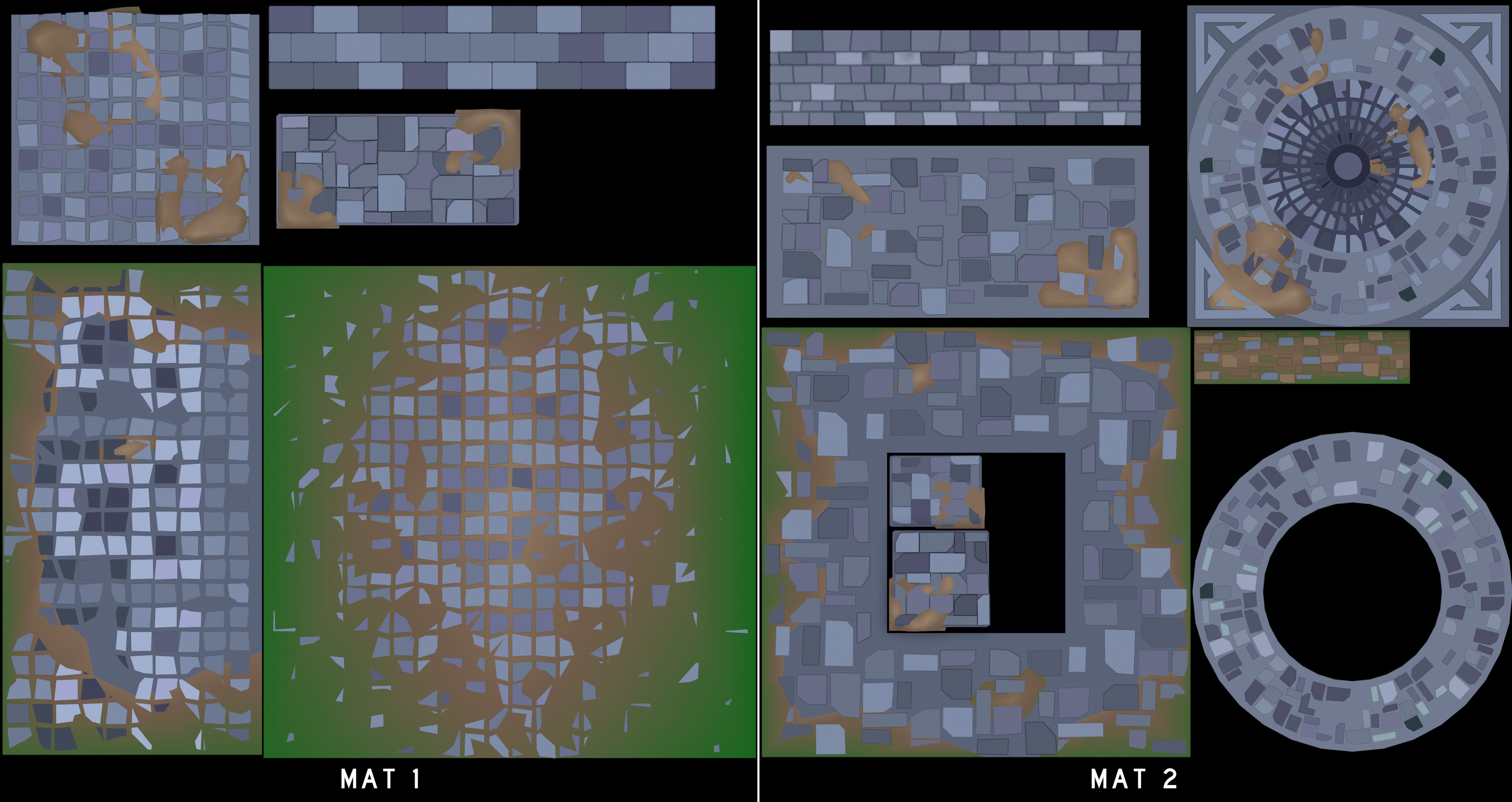Textures baked from high poly walls and surfaces for section pieces used to create obstacle "blocks" 