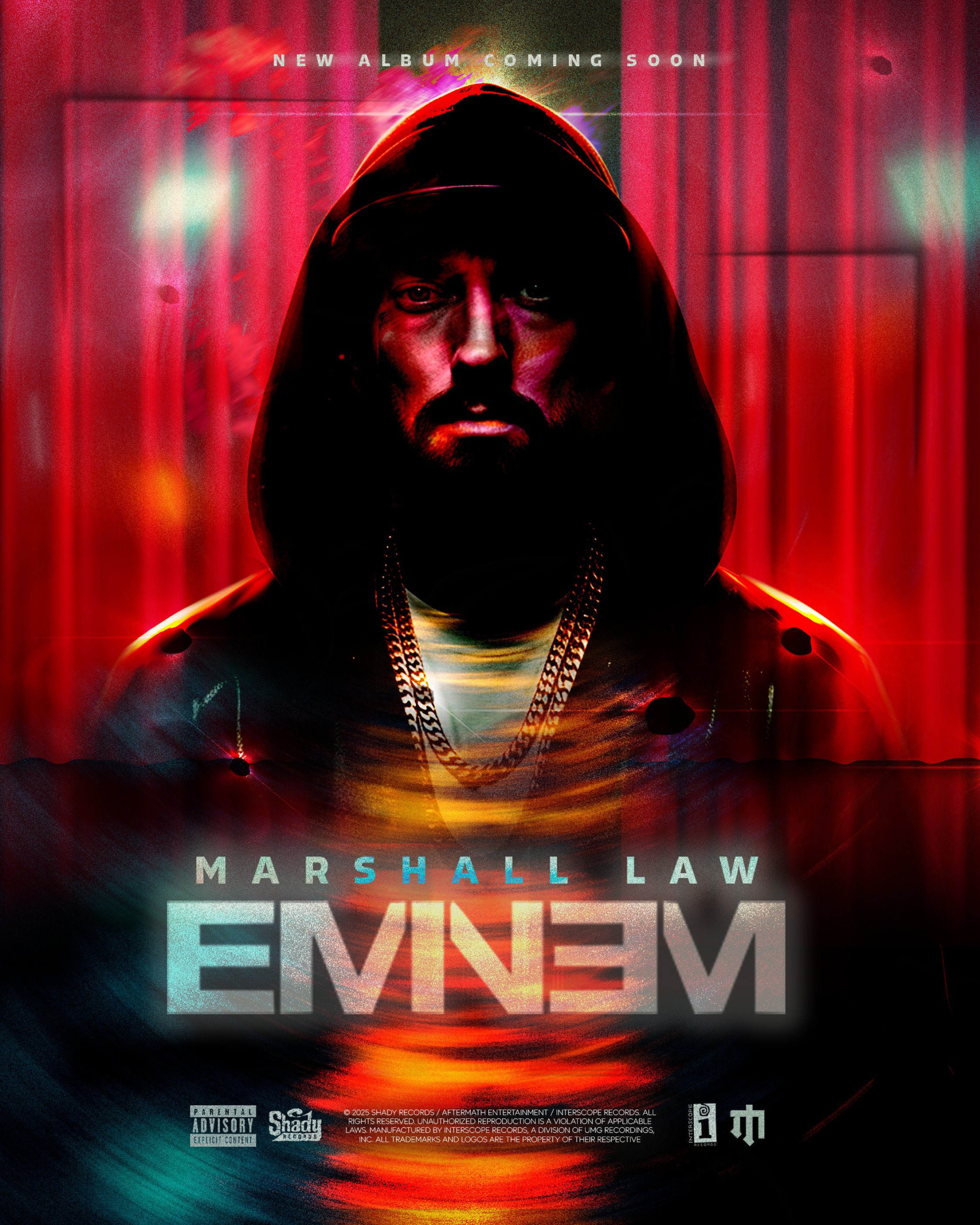 Primary key art for “Marshall Law.” The visual direction blends neon distortion, heavy contrast, and atmospheric grain to amplify intensity and mood