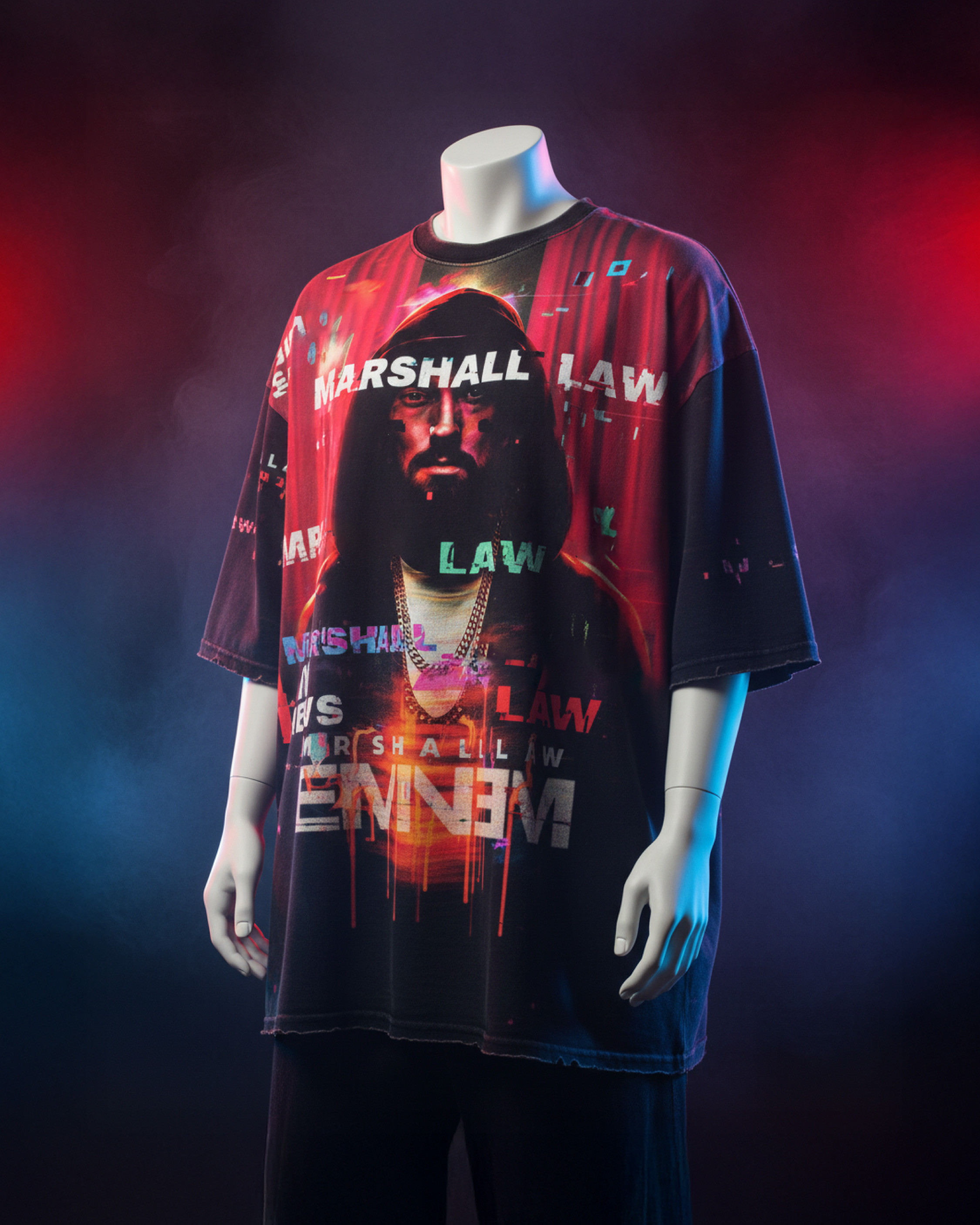 Merchandise exploration featuring a full coverage print using the “Marshall Law” artwork