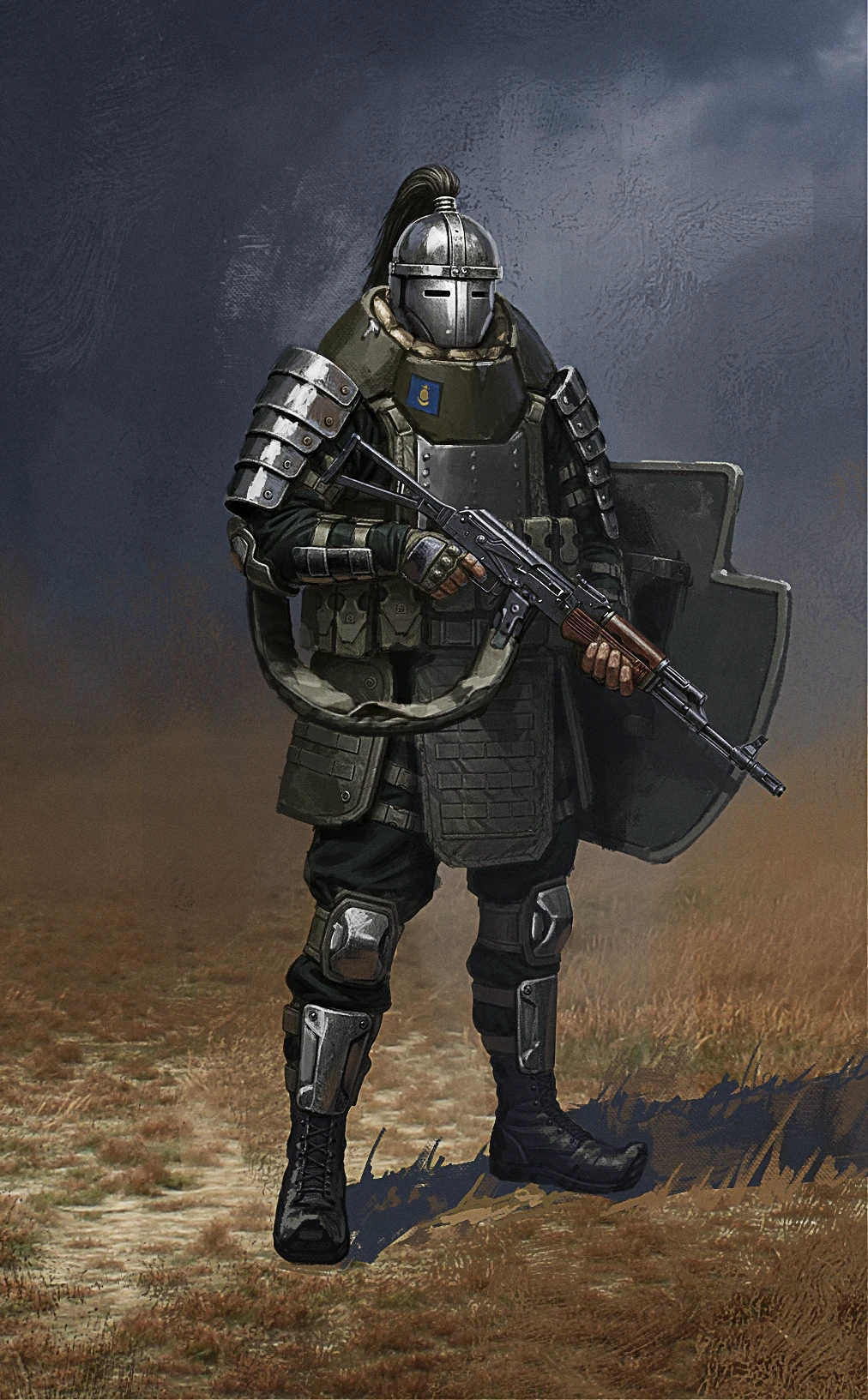 Warrior / heavy unit - a frontline “breaker” built from modern tactical gear mixed with lamellar armor cues.