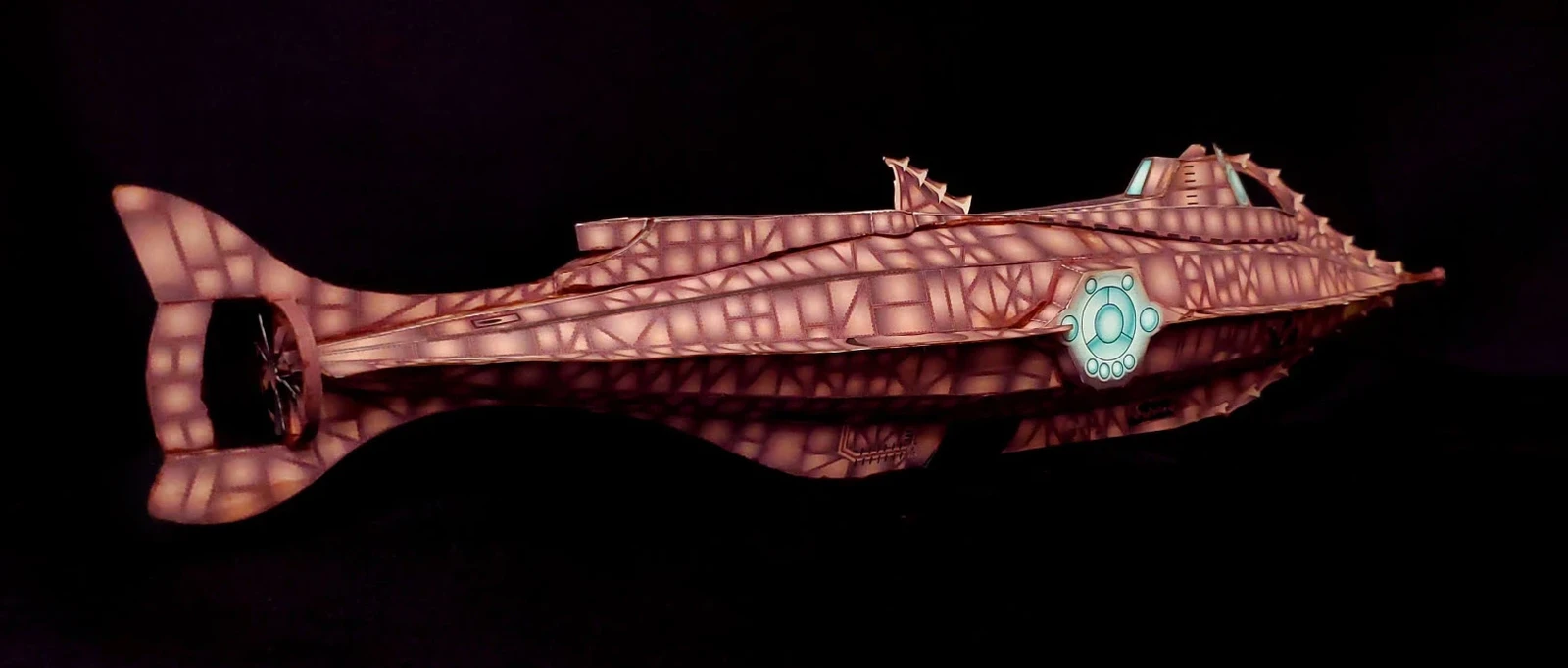 20,0000 Leagues Under the Sea - Nautilus Paper Card Model. Build by Dale Jackson. Designed by Kevin Kittle. Free Model at: https://www.disneyexperience.com/activities/models/20klus_model.php?