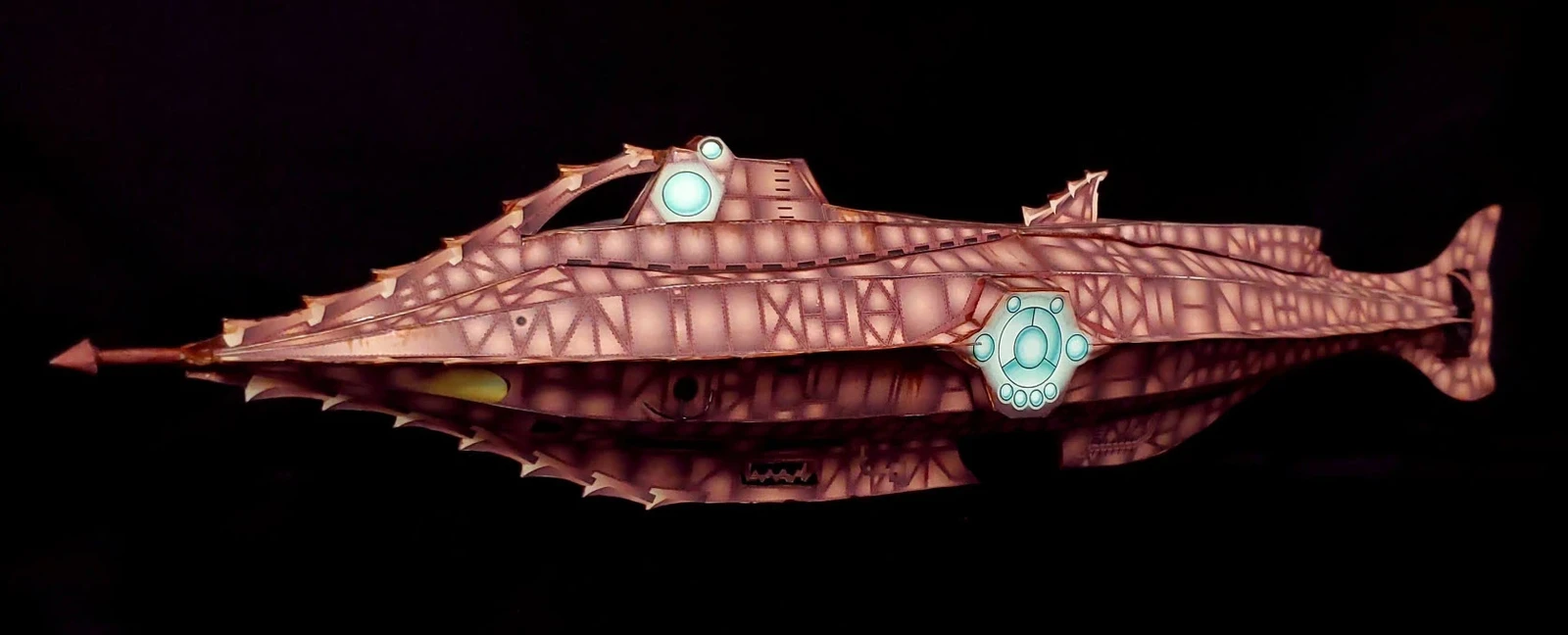 20,0000 Leagues Under the Sea - Nautilus Paper Card Model. Build by Dale Jackson. Designed by Kevin Kittle. Free Model at: https://www.disneyexperience.com/activities/models/20klus_model.php?