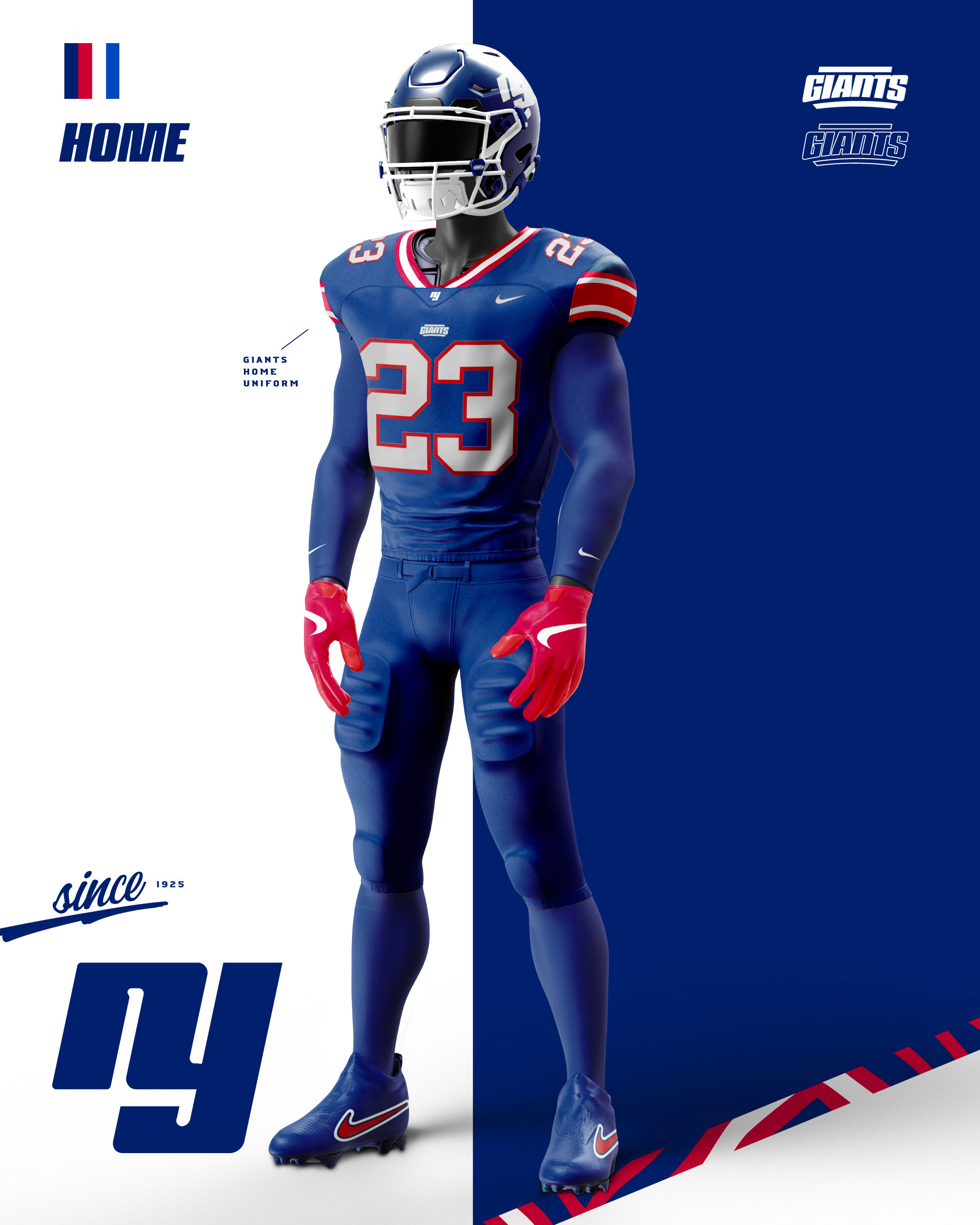 Giants home uniform concept. Updated striping system, modern cuts, custom helmet decal, and throwback color DNA