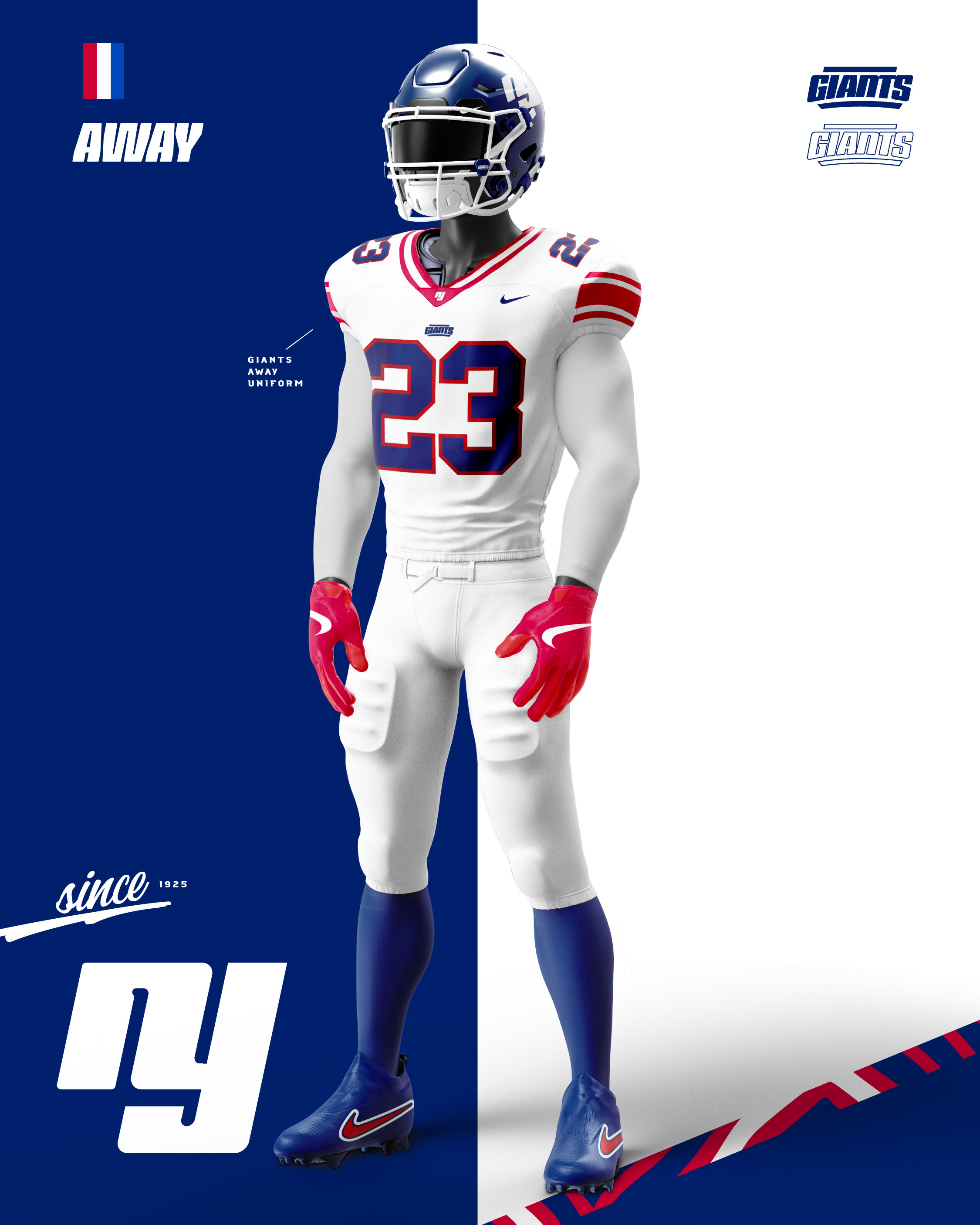 Giants away uniform concept featuring a clean white base and blue/red accents inspired by classic New York uniforms