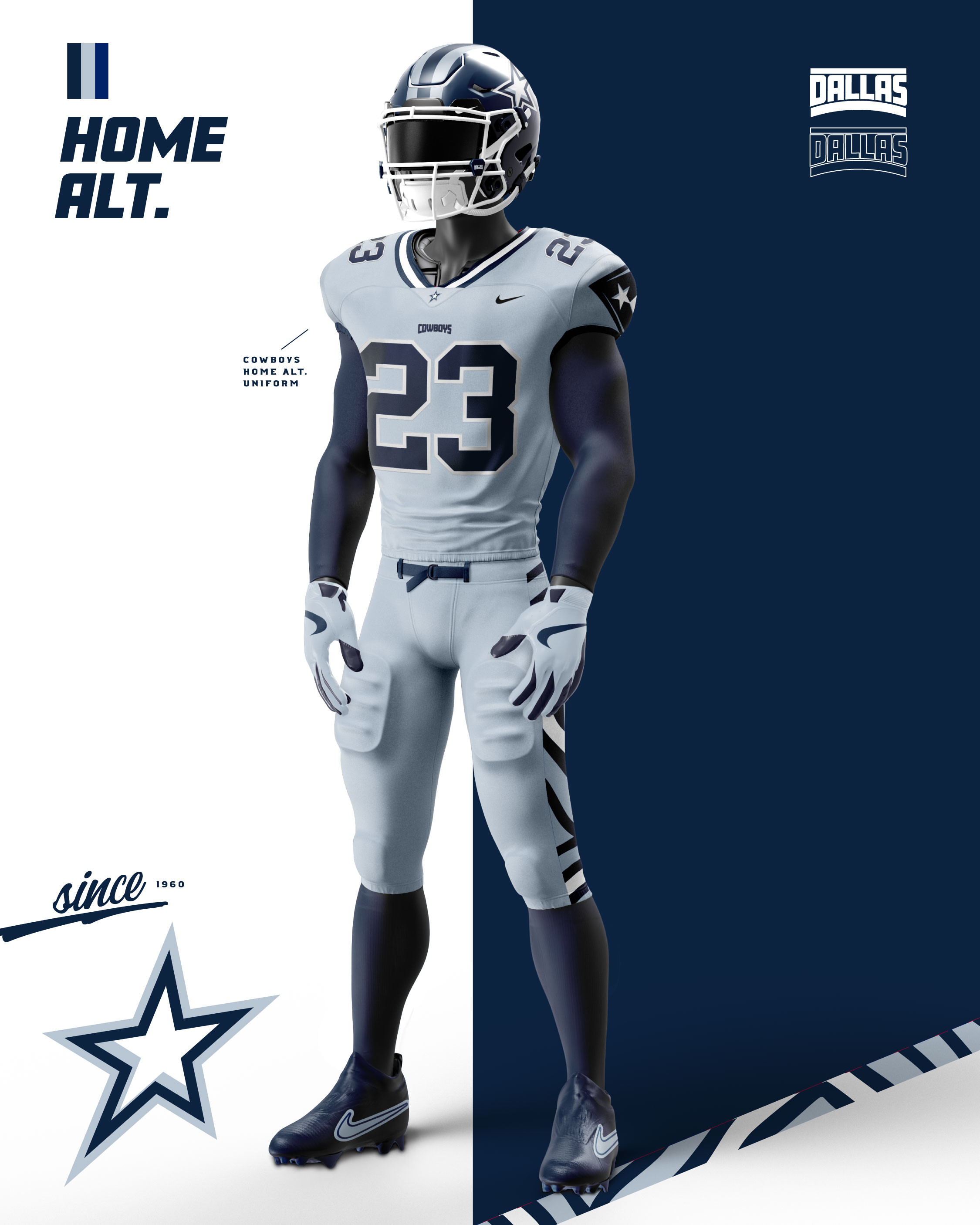 Cowboys home alternate uniform concept with updated striping, refined typography, and the alternate star system