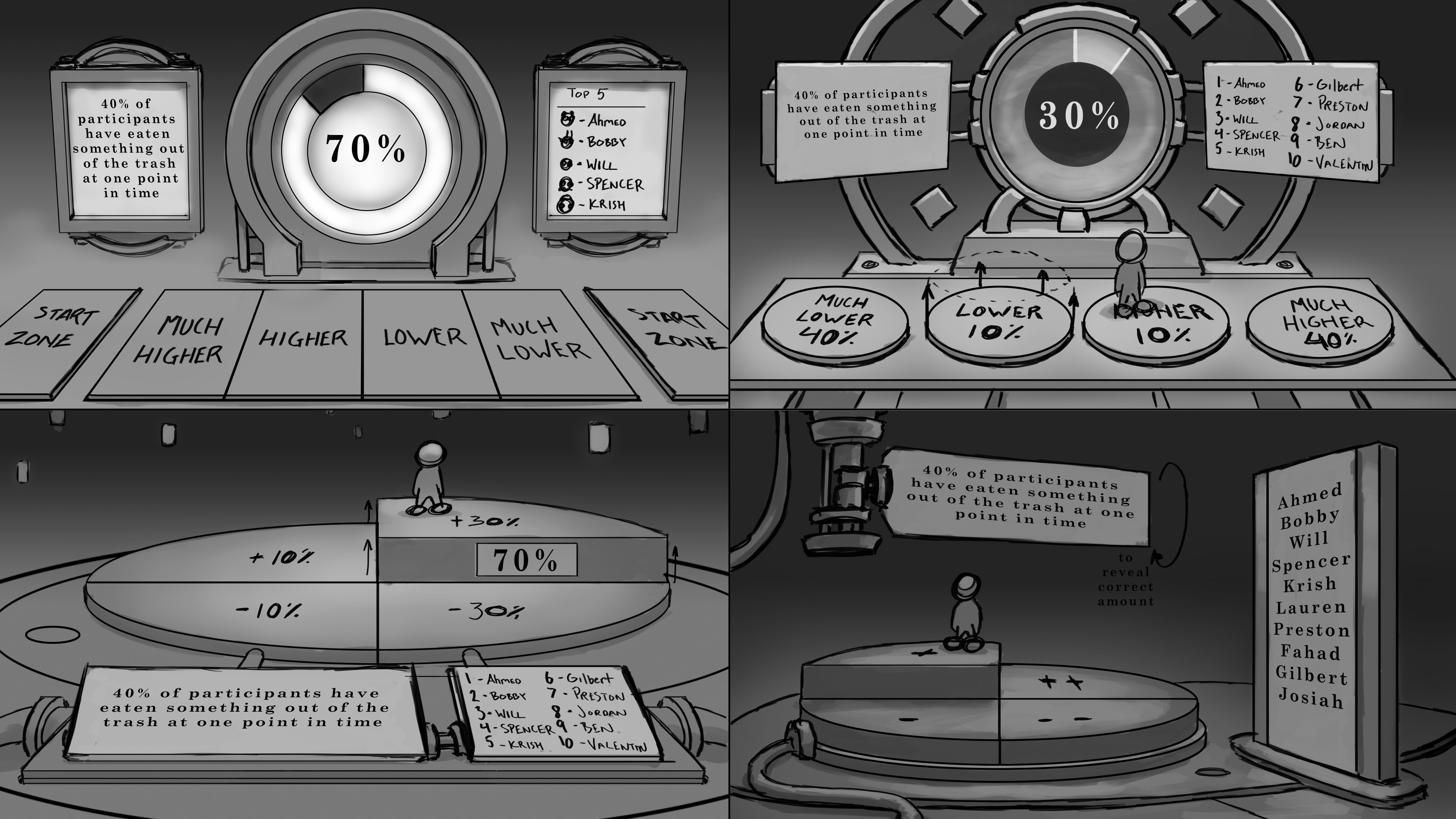 Initial concepts showing fun ways of presenting gameplay and UI elements. 