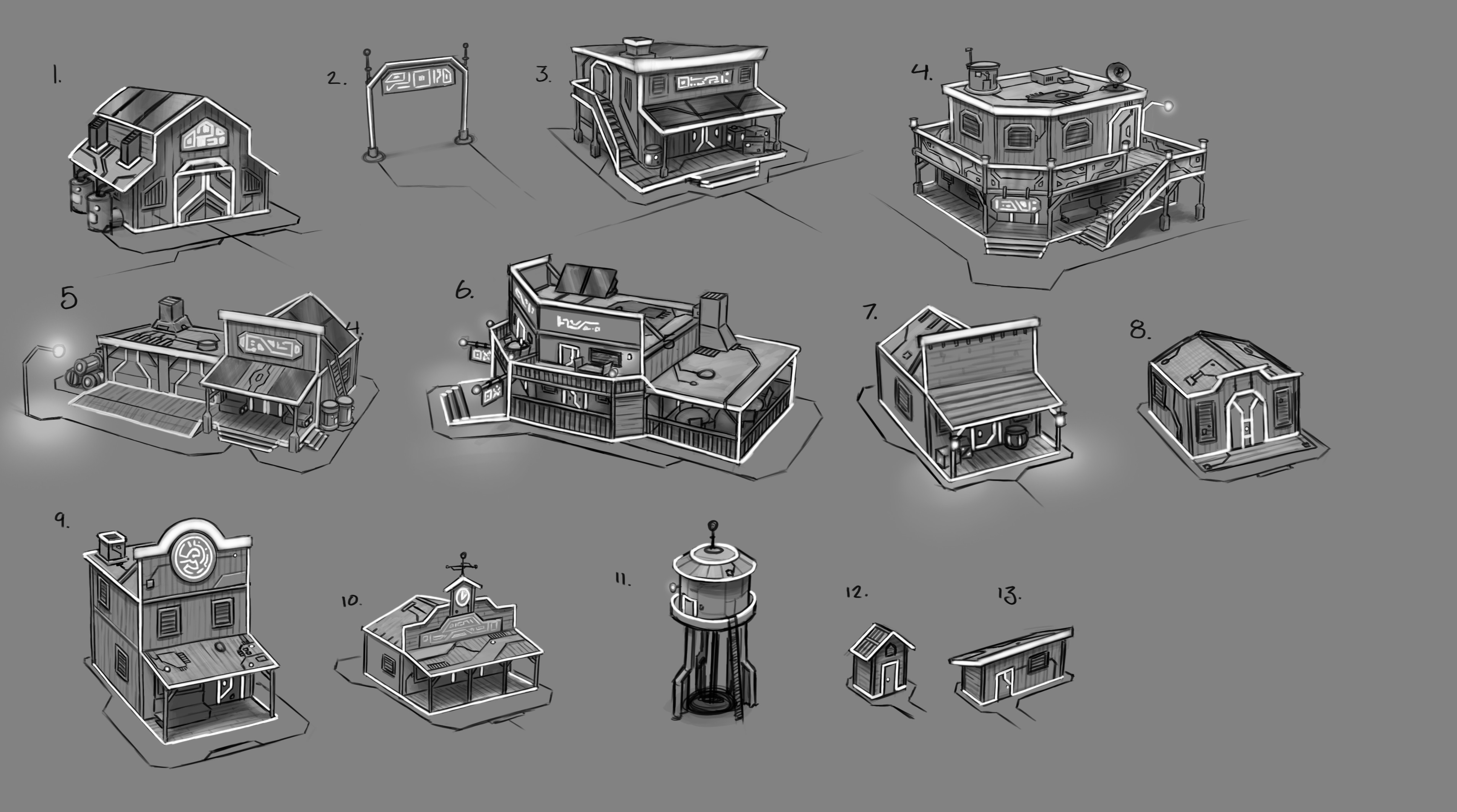 Town buildings concepts. The idea was to make these modular so there would be a larger number of possible buildings and variation. 
