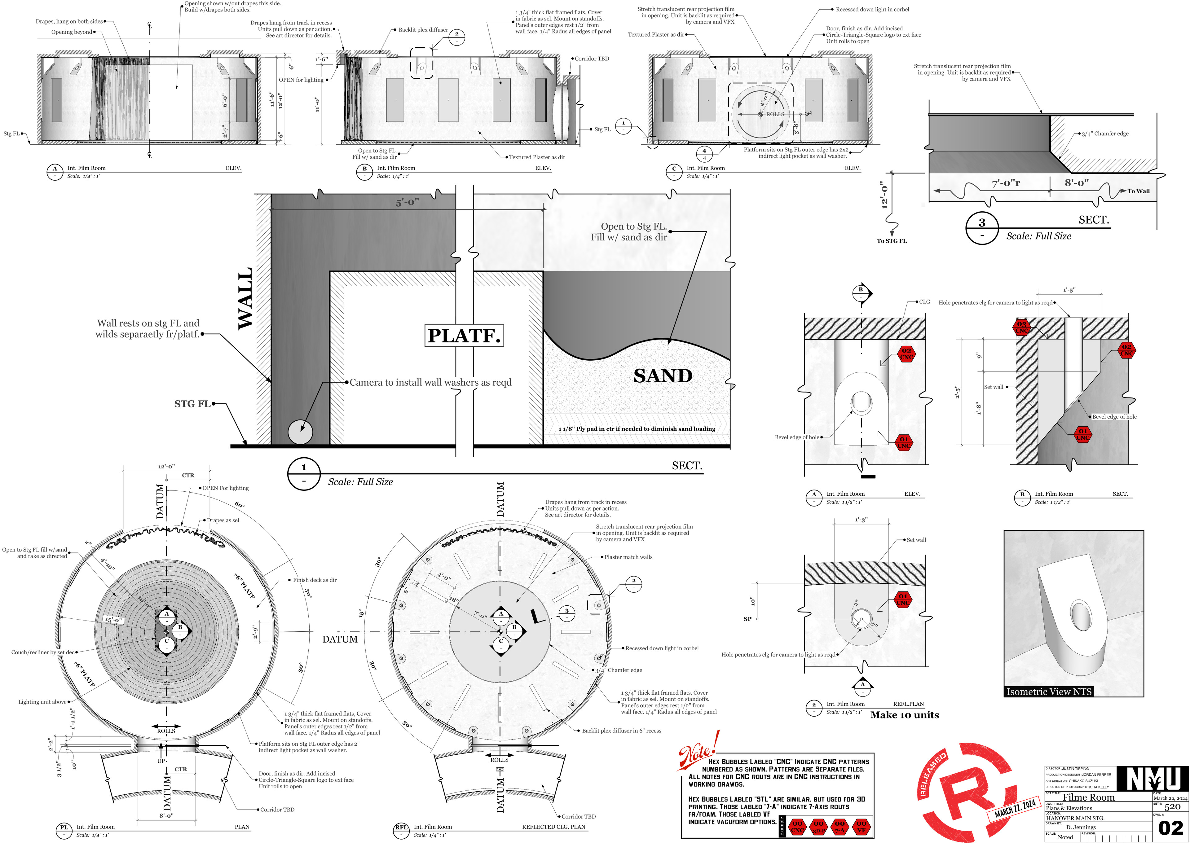 Film Room, 1/4" : 1' Plans and elevations. Modeled in Sketchup, drawn in Trimble Layout.