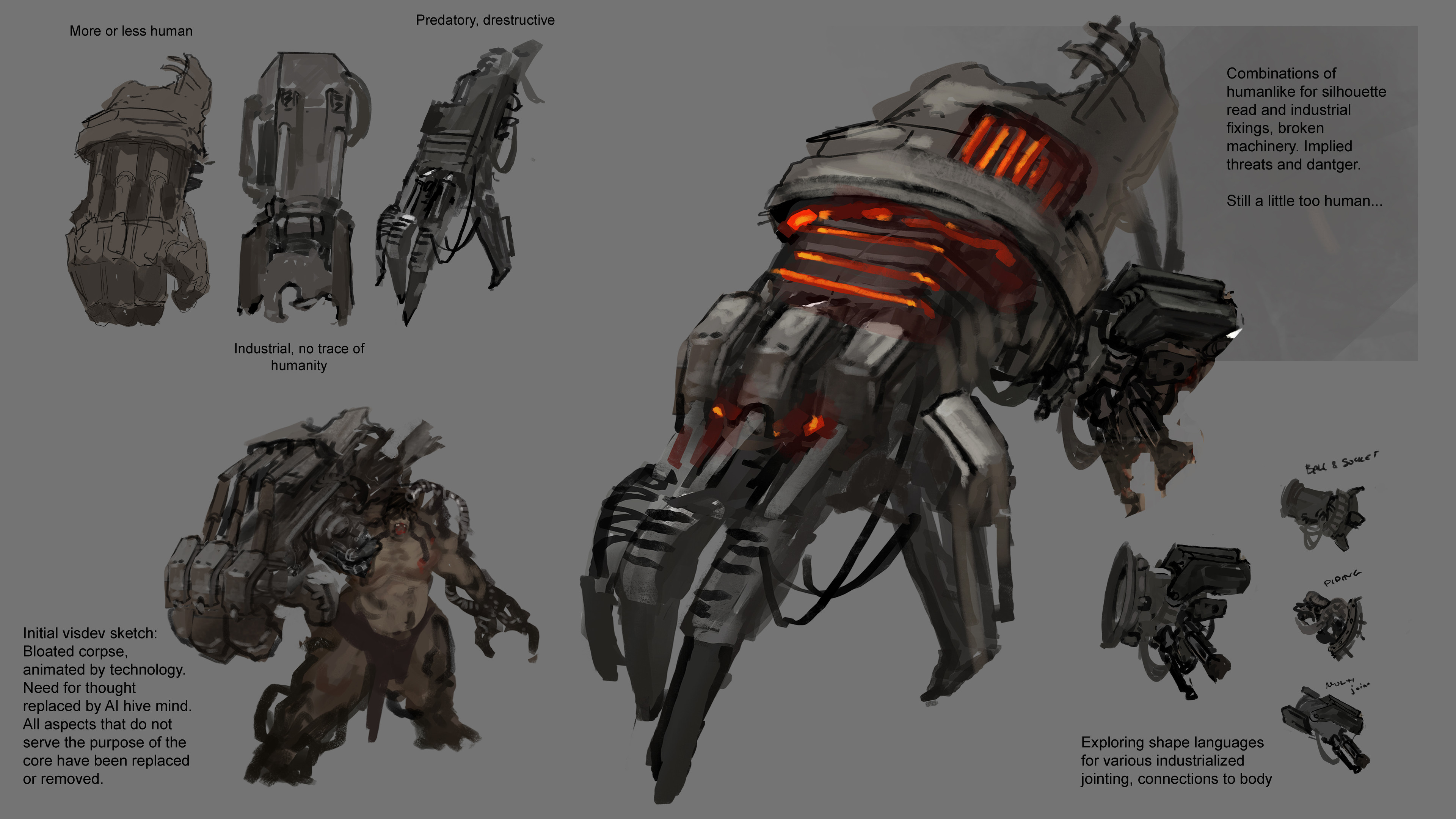 Early explorations for finding a middle ground between industrial corruption and humanity for silhouette reads