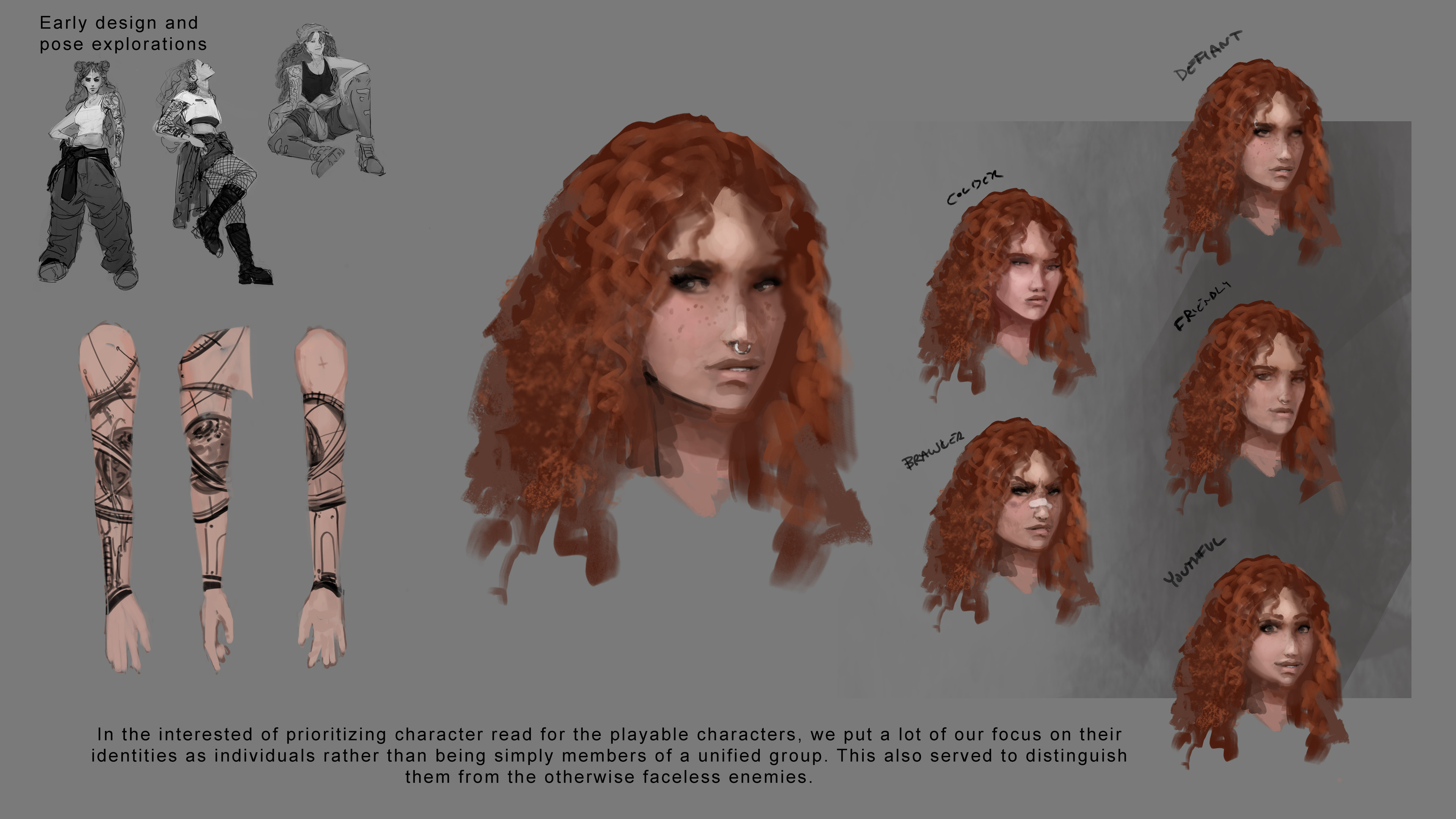 Explorations of the character's face and tattoos.