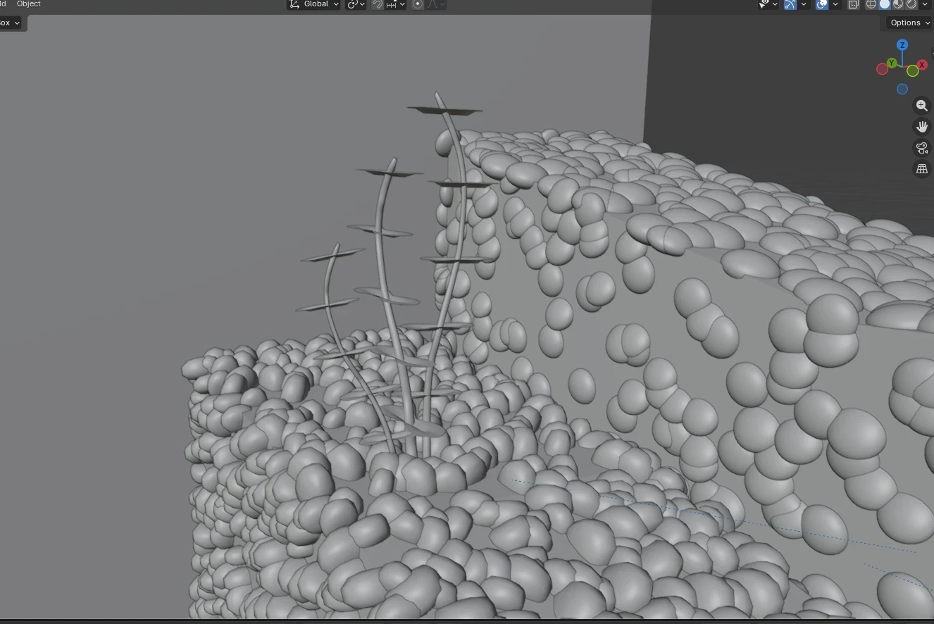 Using Blender 5's array on a curve modifier I placed the leaves onto the spline then copied it to put leaves on the other side.
After this I converted the spline to a mesh &amp; rotated &amp; resized the object.