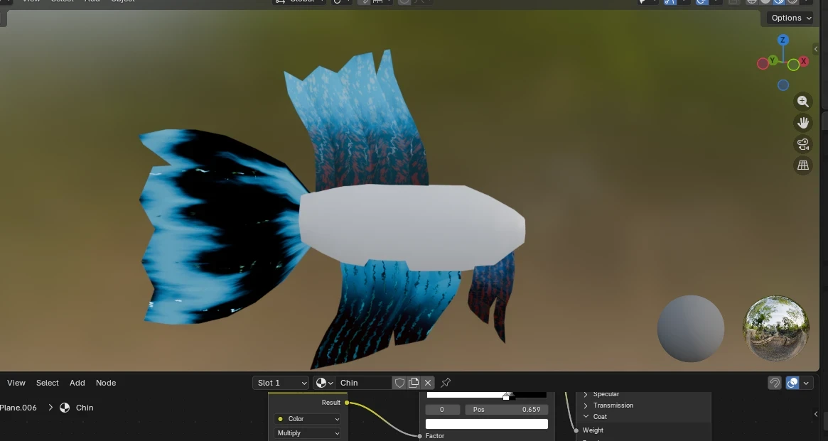To get the colourful &amp; shiny fighting fish textures I tried a couple different approaches before picking the one from the top fin.