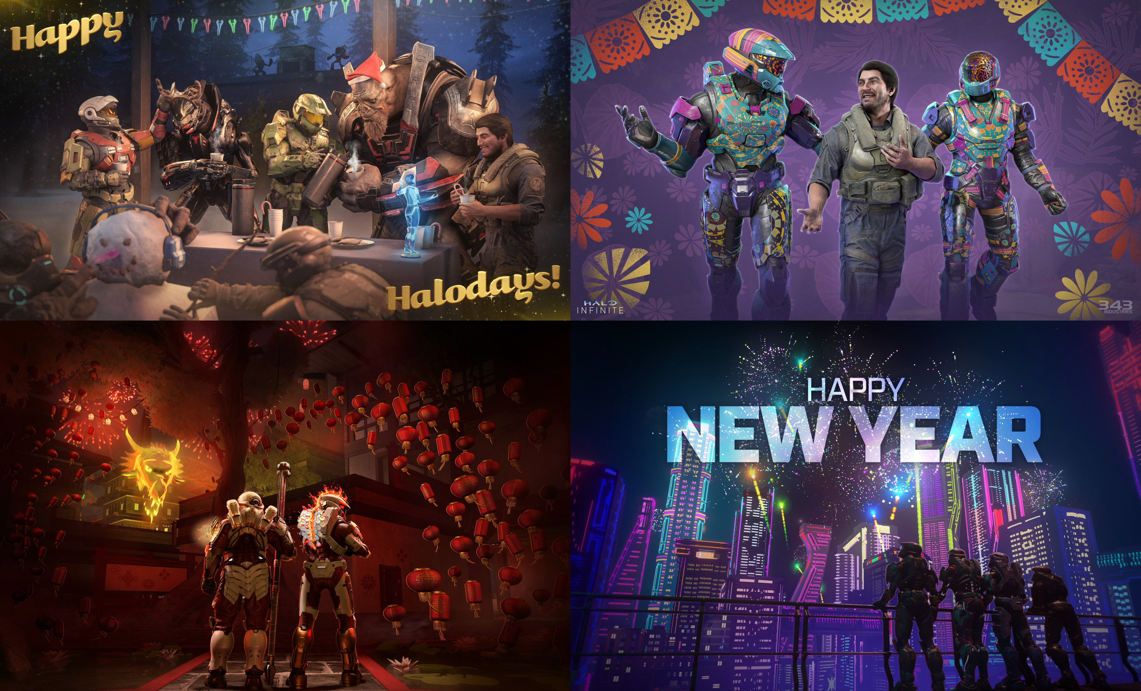 Images celebrating the Winter Holidays, Hispanic Heritage Month, Lunar New Year, New Years Day