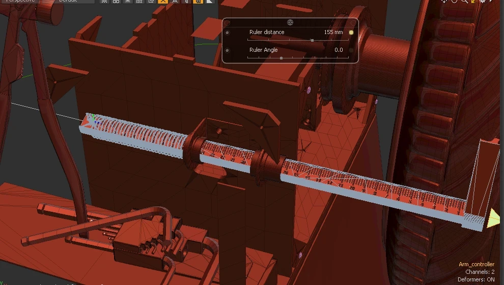 Inner Measuring Arm for Wheel Balancer - rigged to pull out, rotate as needed, and most trickily, the return spring correctly compresses without distorting - not simple scaling - the spring is procedurally-generated, and the length and pitch update.