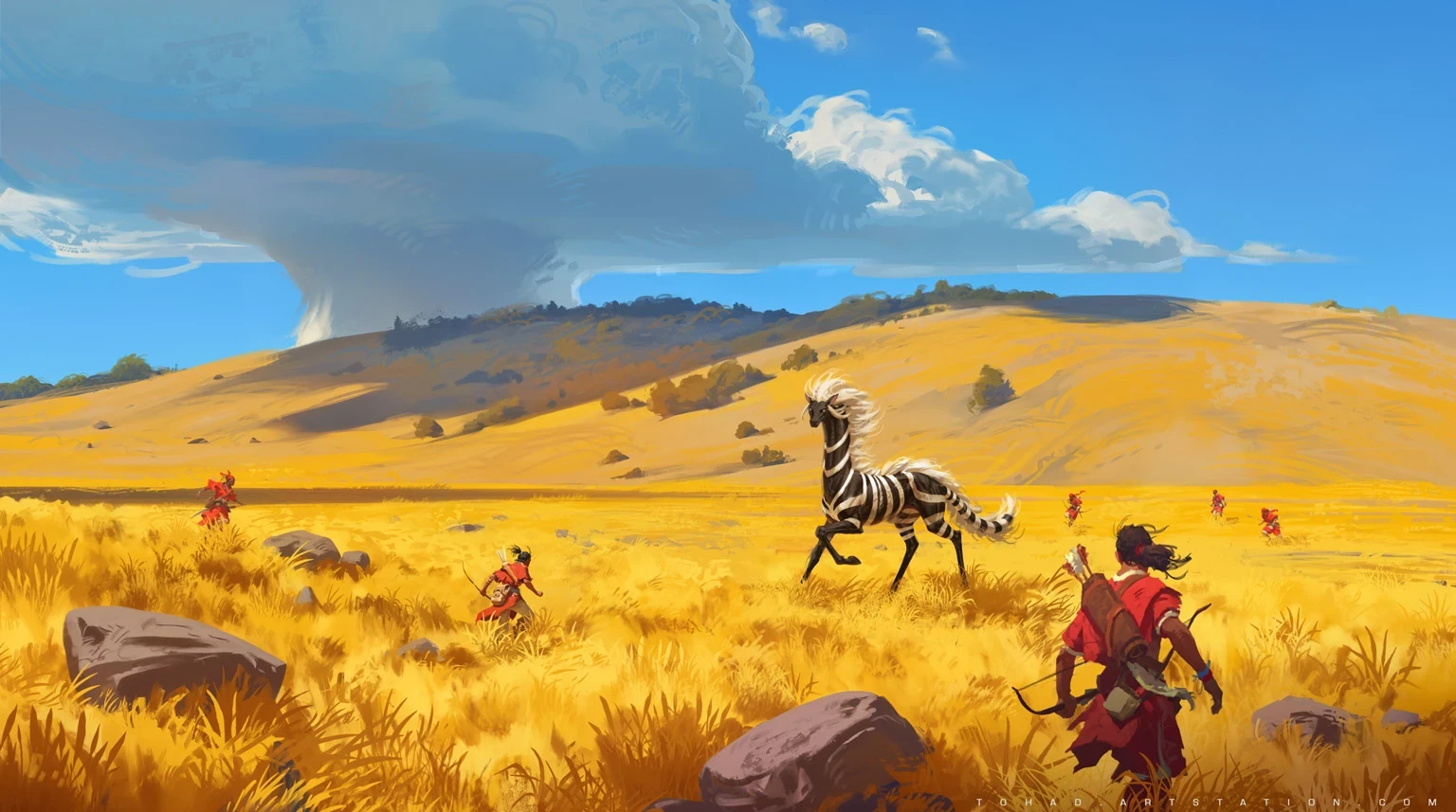 A hunt across the summer plains. Art by Sylvain Sarrailh.