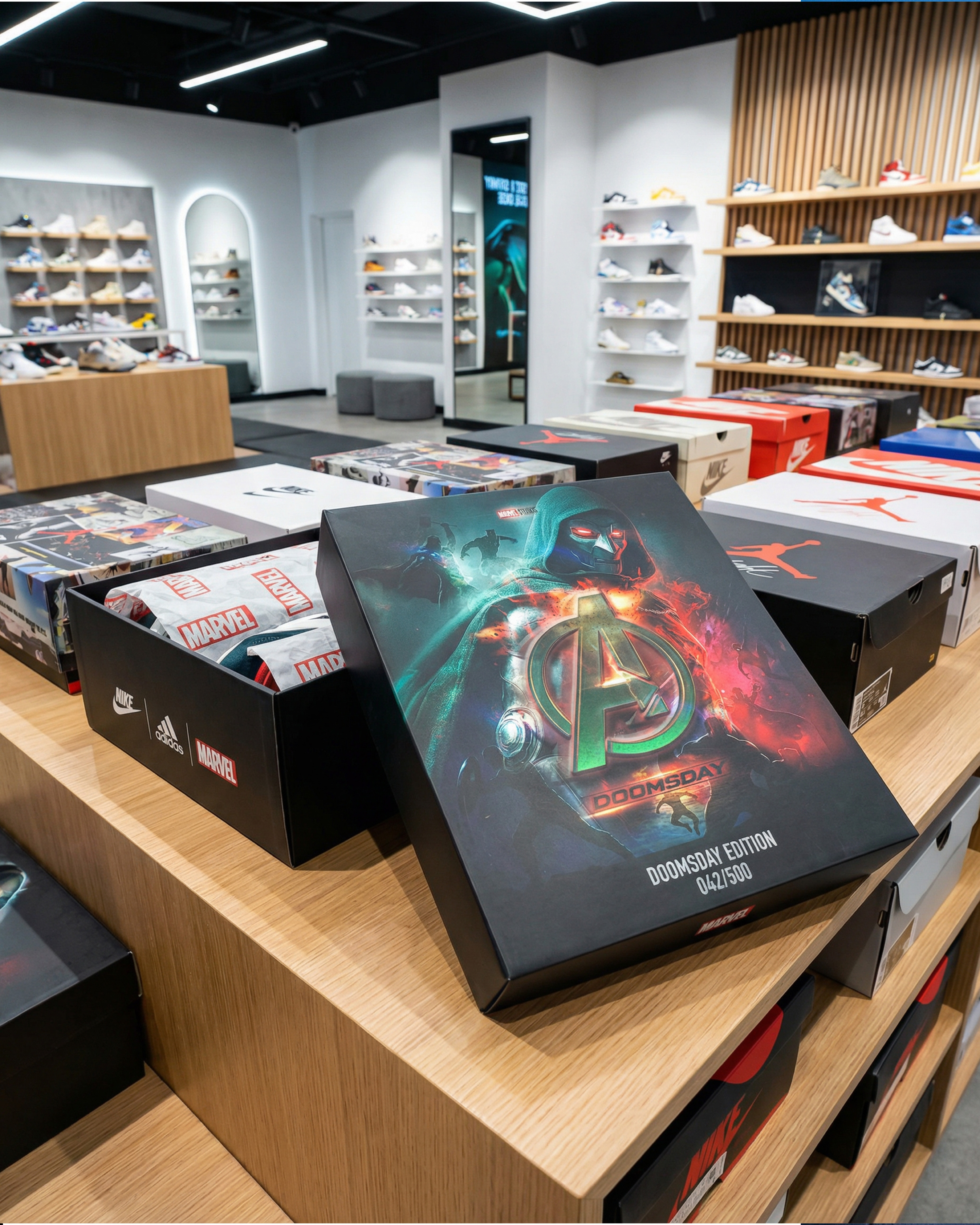 Collector Edition packaging concept — “Avengers: Doomsday” fan key art applied to a premium shoebox / merch drop scenario. Brand-forward layout, matte-black packaging, and limited-run product vibes.