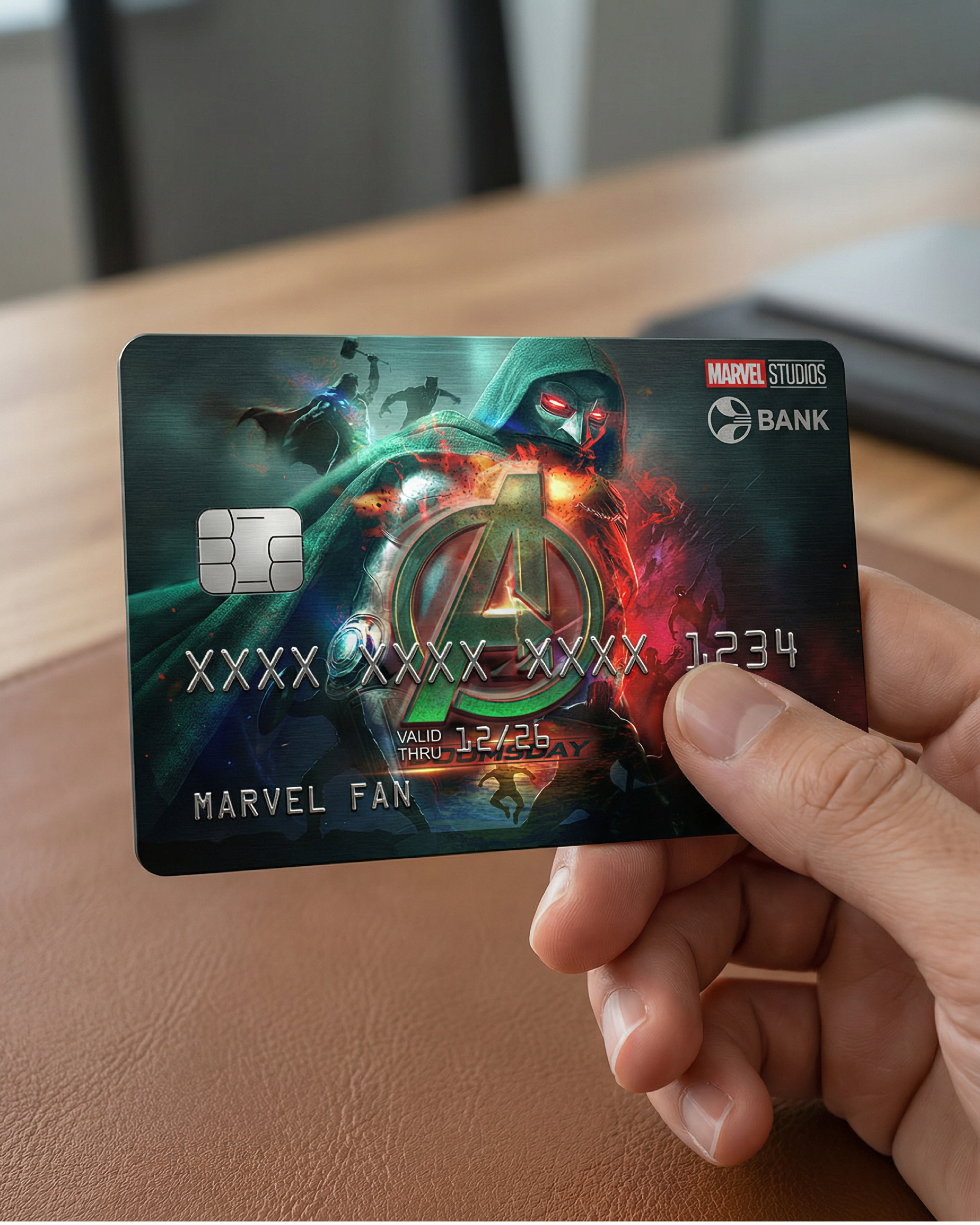 Brand extension concept: “Avengers: Doomsday” fan key art adapted into a premium credit card design. Focused on metallic texture, typography hierarchy, and realistic print finishing.